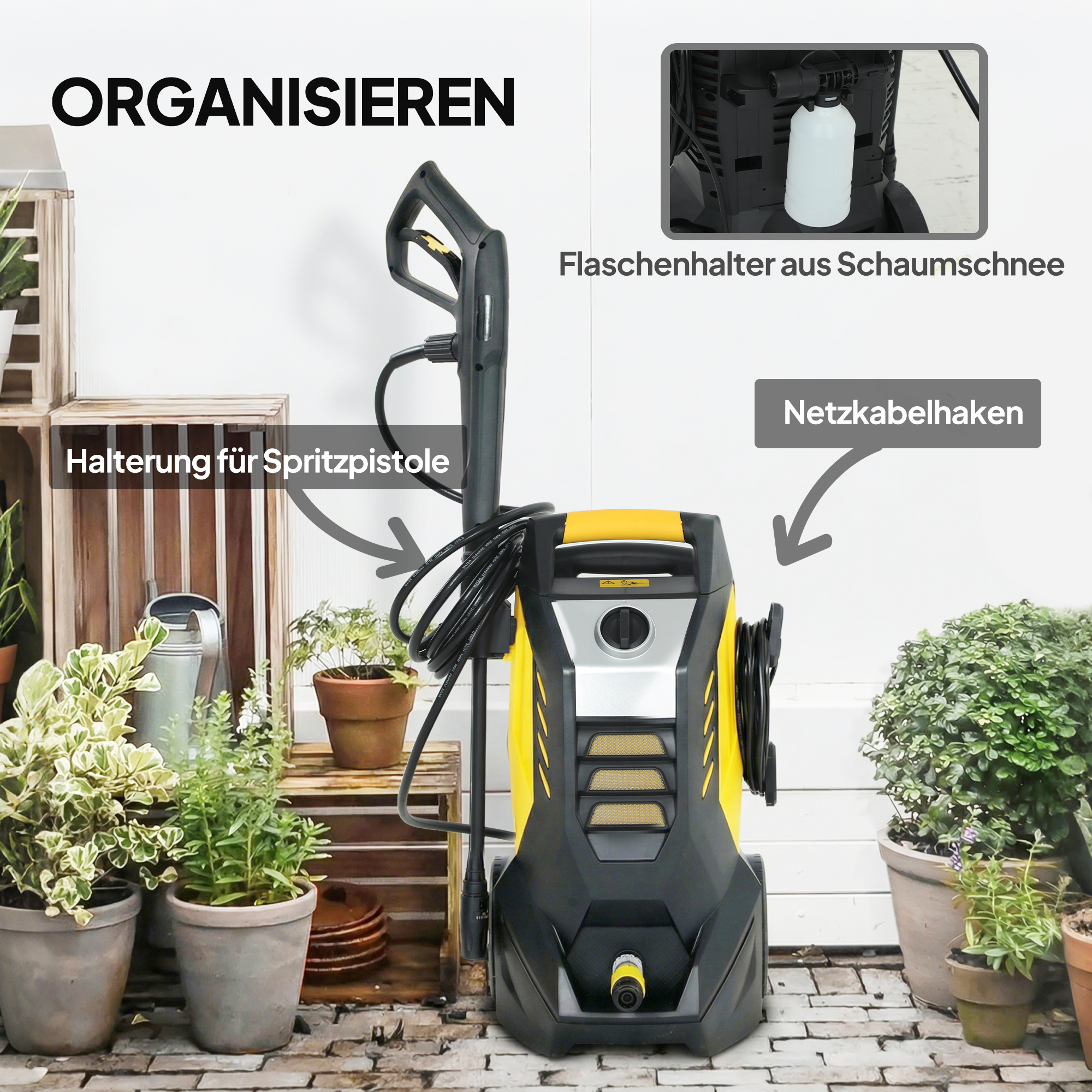 Hochdruckreiniger mit Aluminiumpumpe, 135 bar Maximaldruck 1800W Leistung 540 L/h 5m Schlauch, verstellbare Düse & Griffe