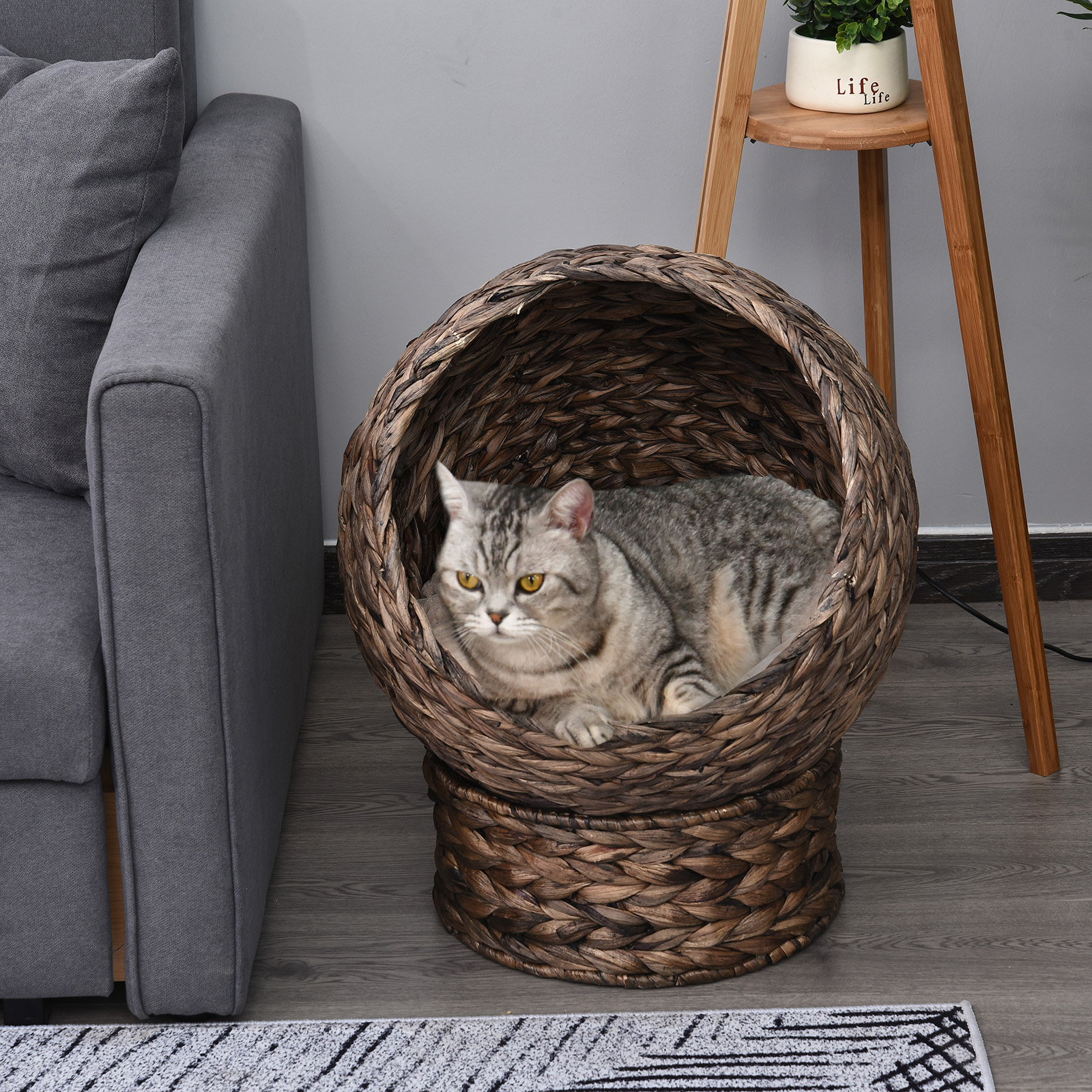 Katzenkorb aus Wasserhyazinthe inkl, Kissen, Katzenbett, Haustierbett,50 cm x 42 cm x 60 cm, Braun + Beige