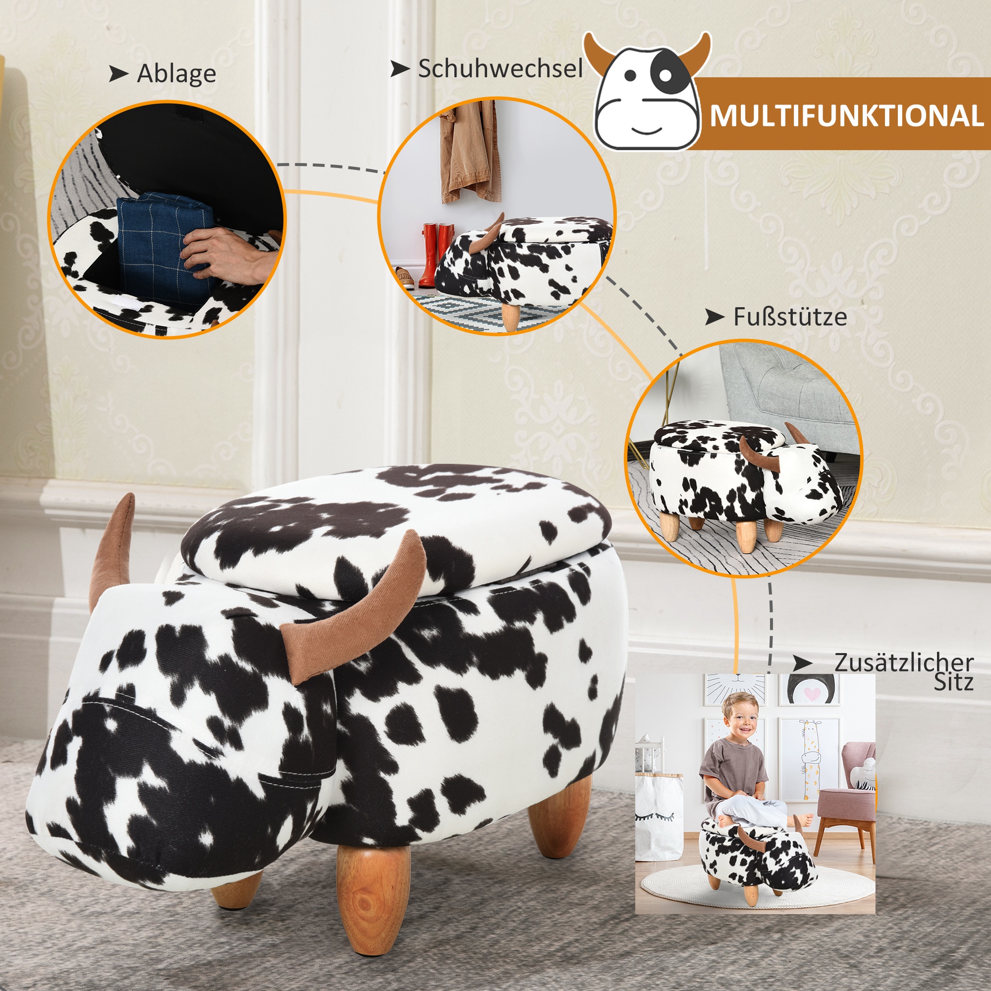 Tierhocker, Dekohocker mit Stauraum, Polsterhocker, Sitzhocker, Sitzbank mit Tier-Design, für Wohnzimmer, Schweinchen Fußbank, Schwarz+Weiß, 62 x 35 x 36 cm