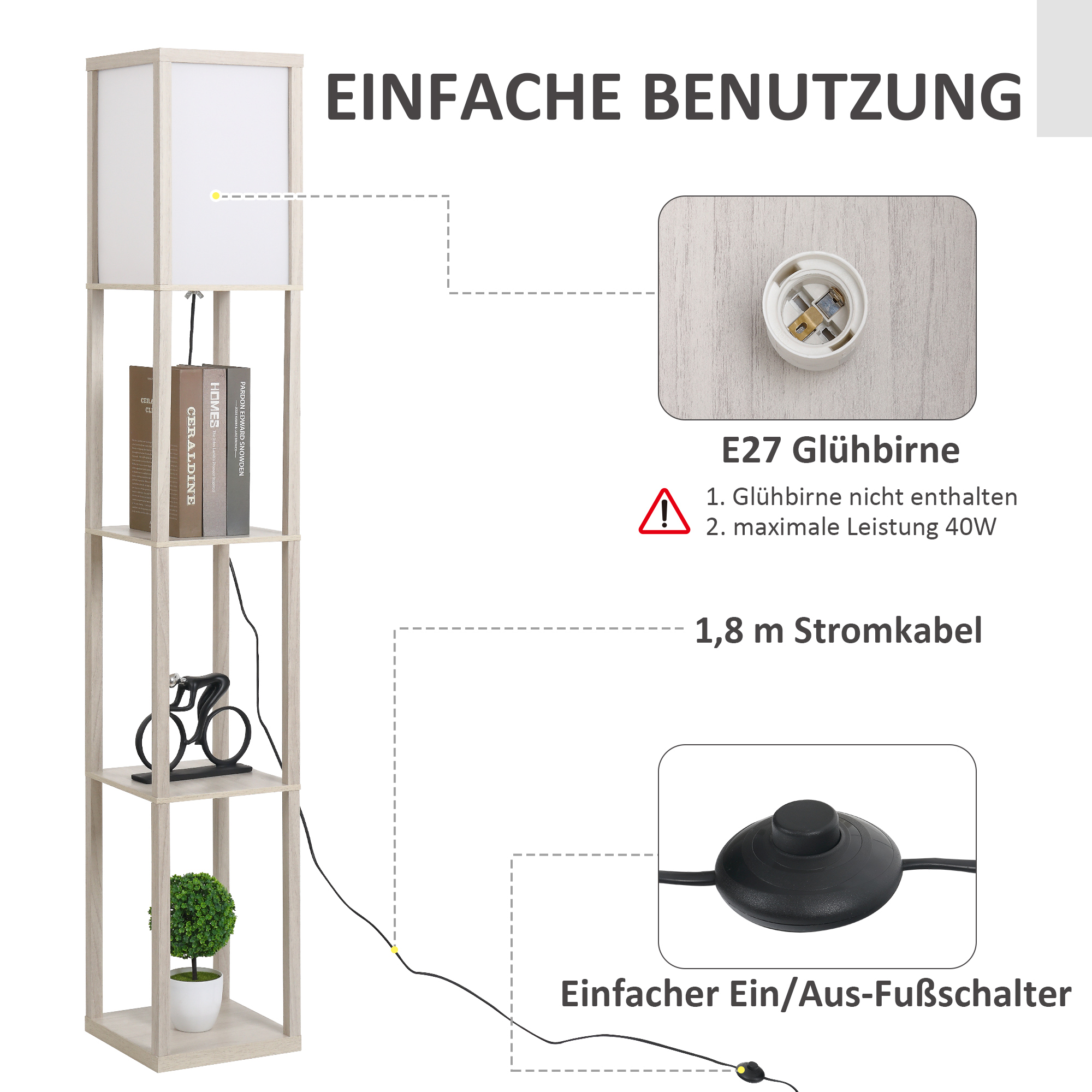 Stehlampe mit Regalen, Stehleuchte, Holz, 26 x 26 x 160 cm, für Wohn-/Schlafzimmer (Ohne Glühbirne)