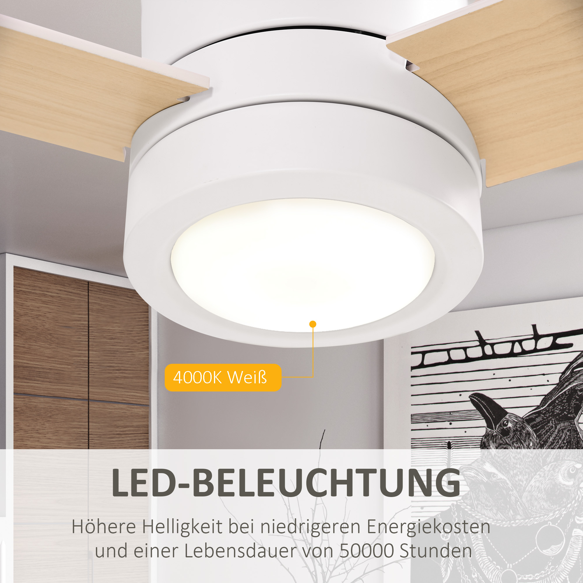Deckenventilator mit LED-Licht, 2-in-1 Design, mit Timer, Fernbedienung, Deckenlampe mit Ventilator, Weiß+Naturholz