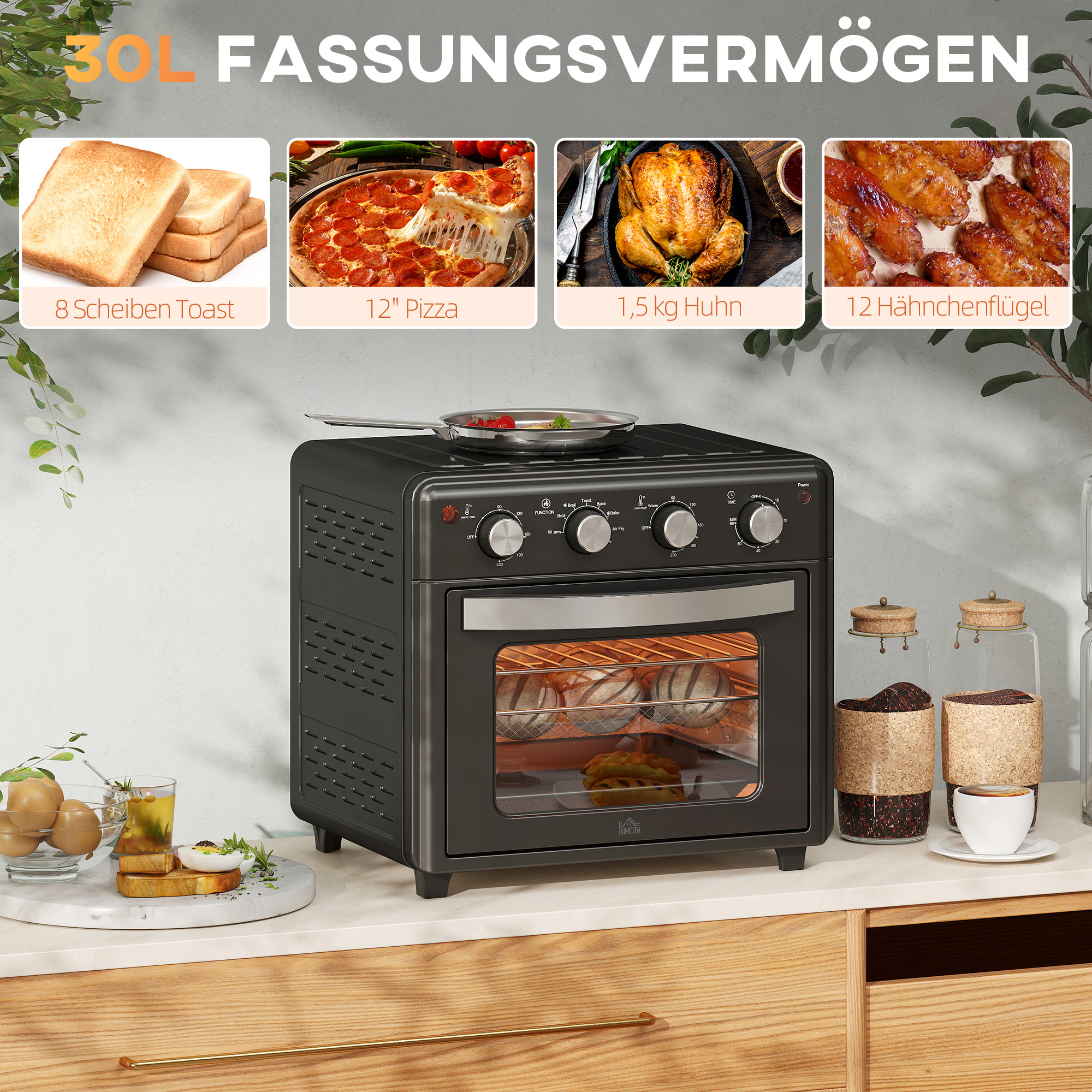 Minibackofen, Heißluftfritteuse, 90-230° C, 7 Programme, Zubehör, Schwarz
