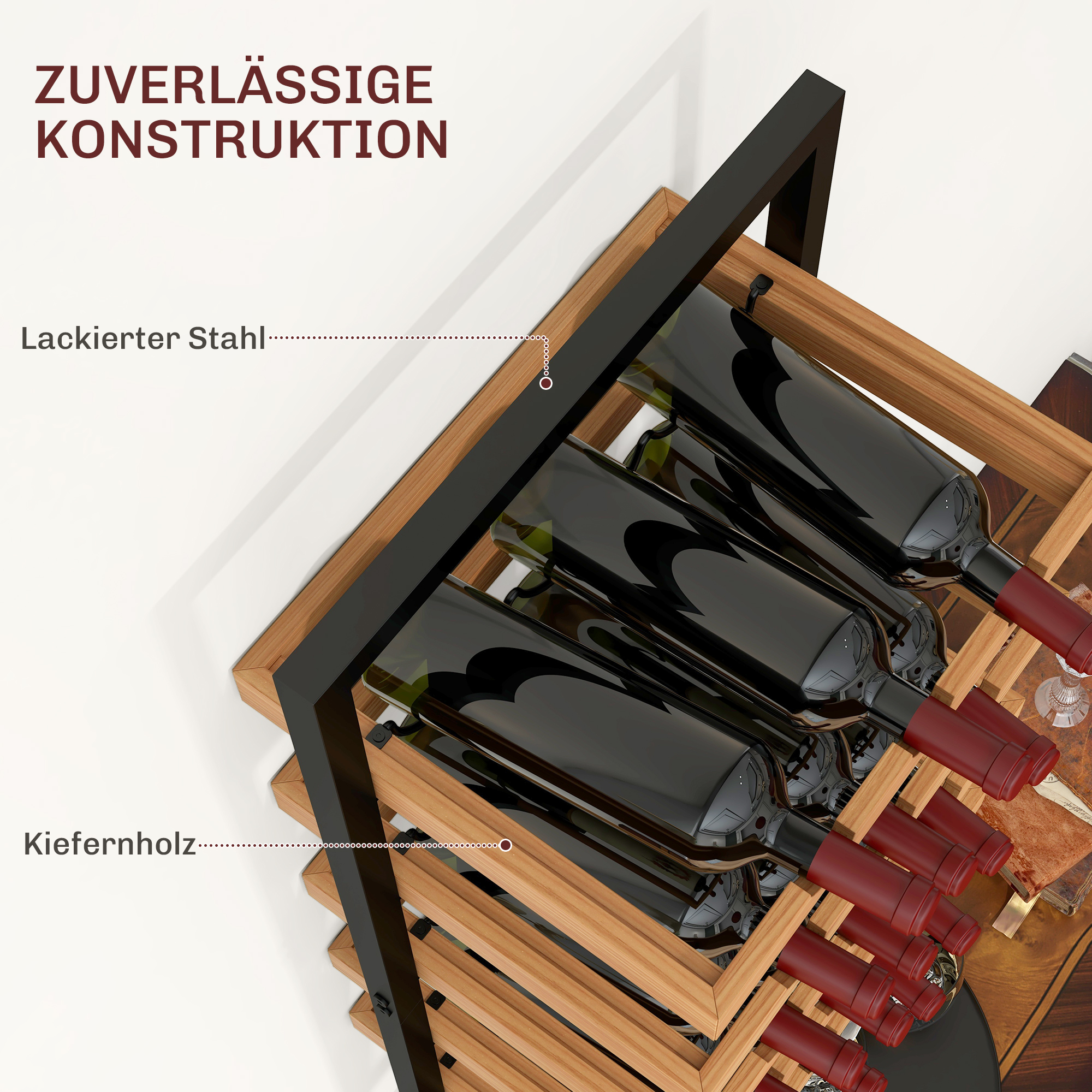 Wand-Weinregal, 5 Ebenen, Flaschenhalter, Gläserhalter, Kiefernholz, Stahl, Hausbar, Küche, Wohnzimmer, Braun