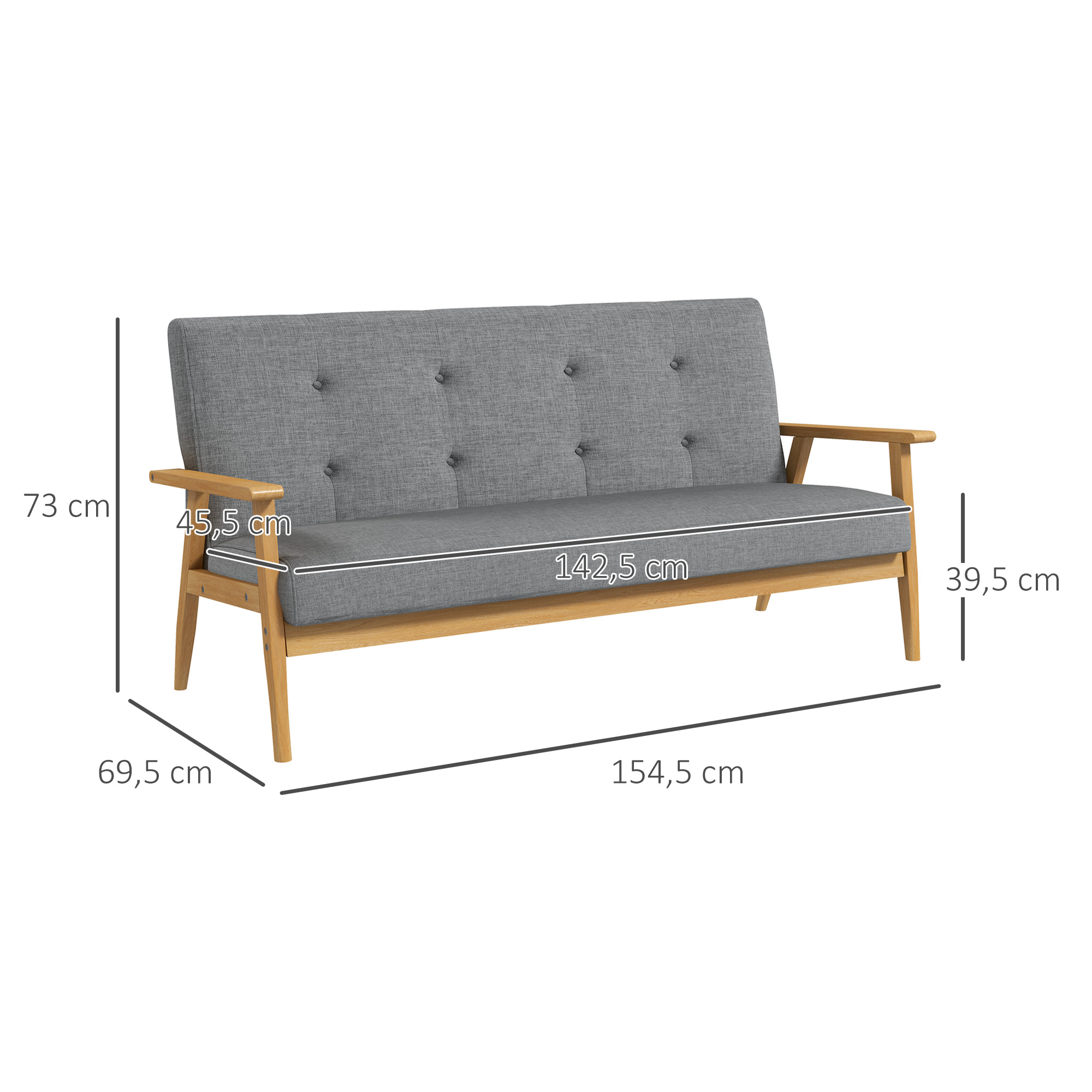 Dreisitzer-Polstersofa, Kautschukholz, 154,5 x 69,5 x 73 cm, Grau
