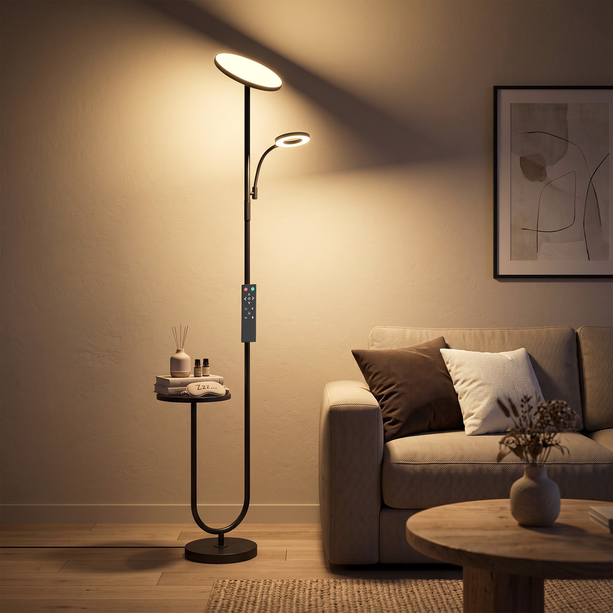 LED-Deckenfluter mit Ablagetisch und Leselampe, dimmbare Stehlampe mit Fernbedienung, 4 Farbtemperaturen