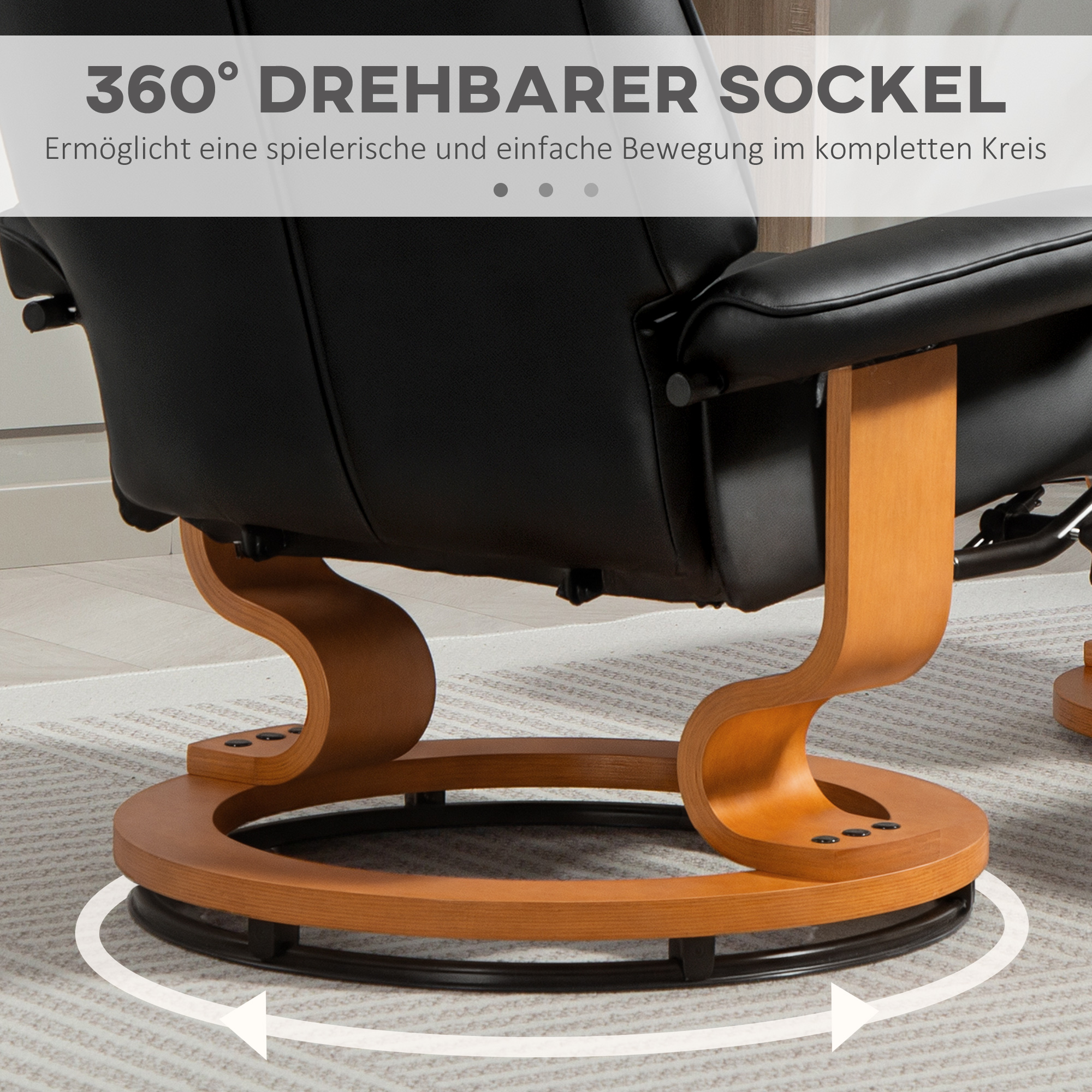Relaxsessel mit Hocker, drehbar & neigbar, Kunstlederbezug, bis 150 kg, Holzgestell, Schwarz