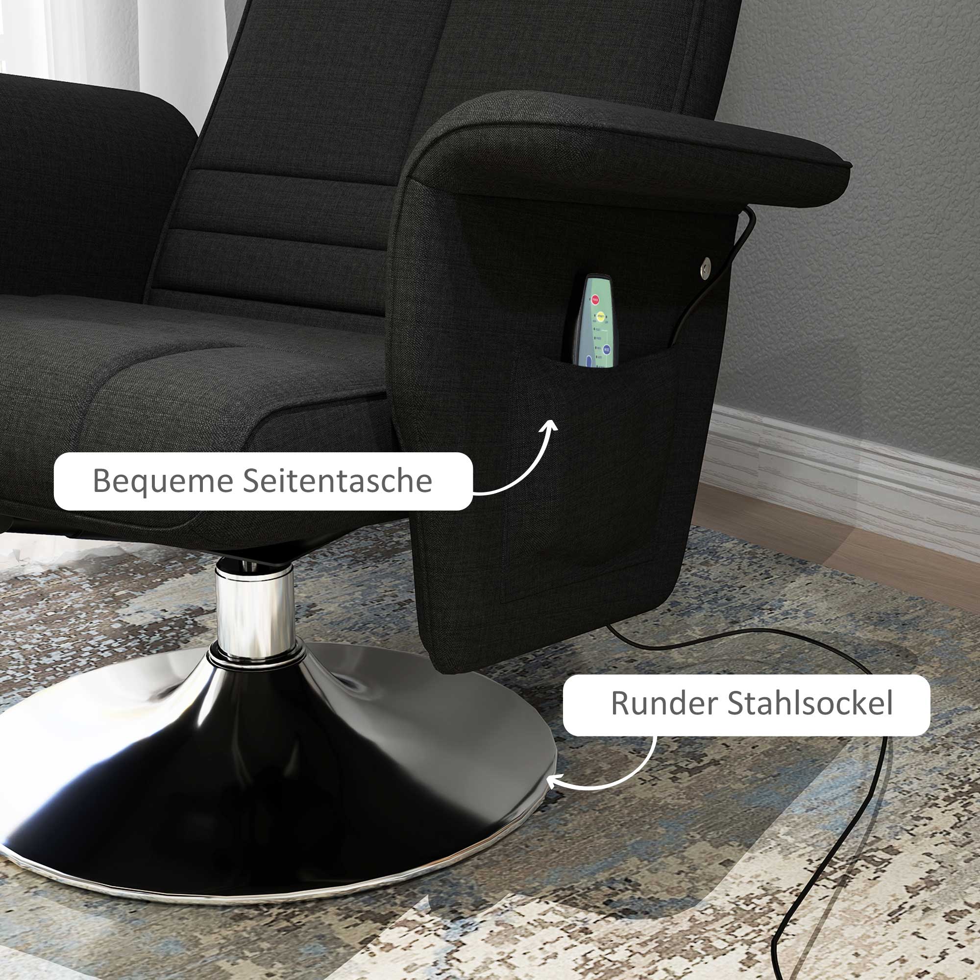 Massagesessel mit Hocker, neigbare Lehne, 78 x 95 x 88 cm, Schwarz