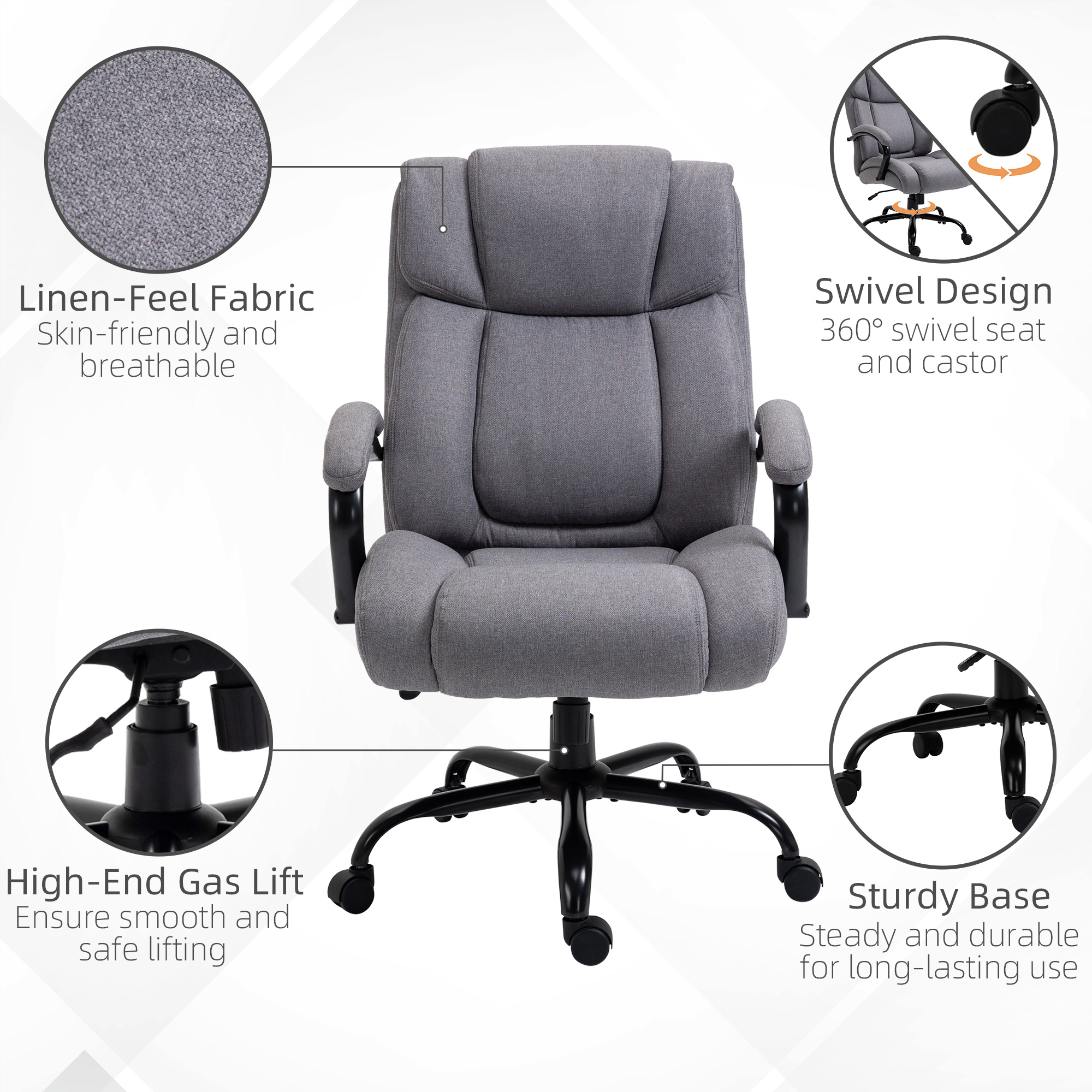 Bürostuhl, ergonomischer Chefsessel bis 220 kg belastbar, gepolsterter Schreibtischstuhl mit Armlehne, breiter Sitz, höhenverstellbarer Drehstuhl mit Wippfunktion, Leinenoptik, hellgrau