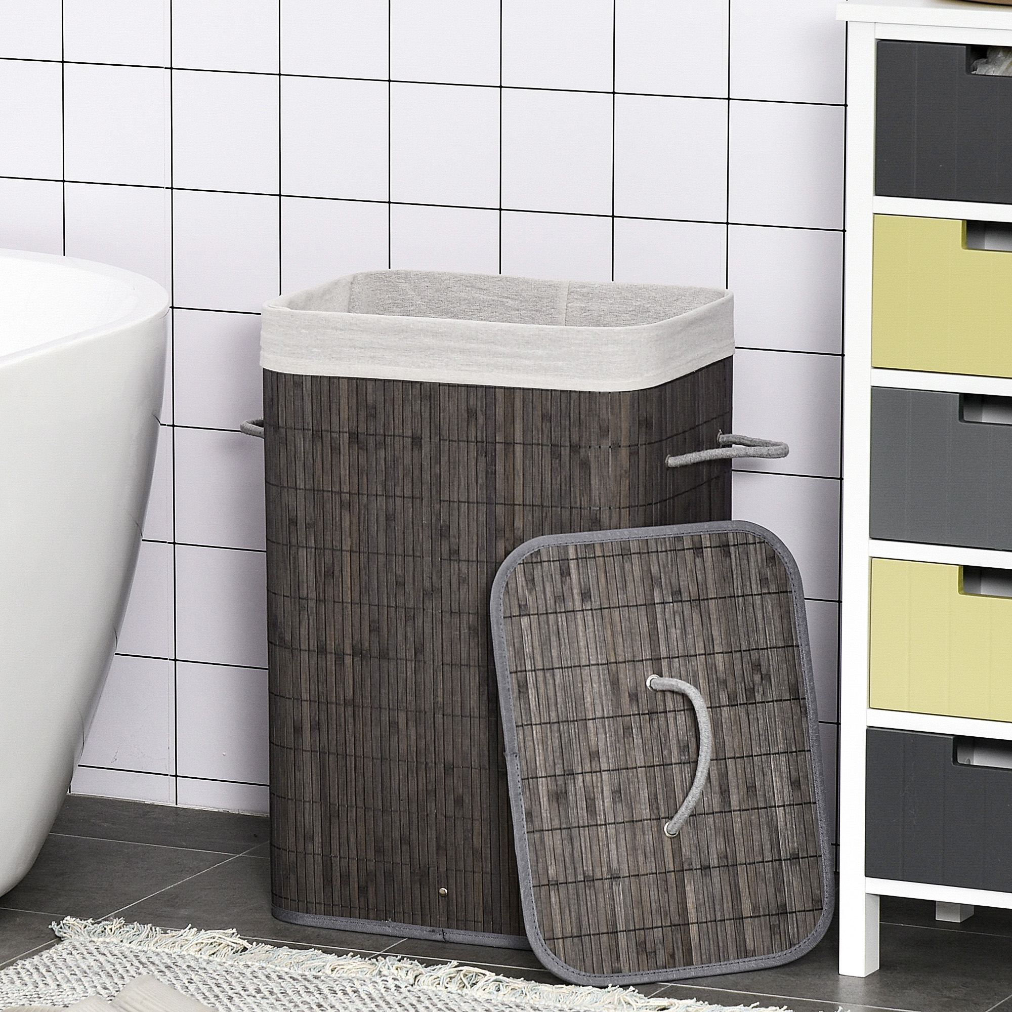 Wäschekorb mit Griffen und waschbarem Wäschesack, Rattan, Polyester, Baumwolle, Metall, 43L x 32B x 61H cm, Grau