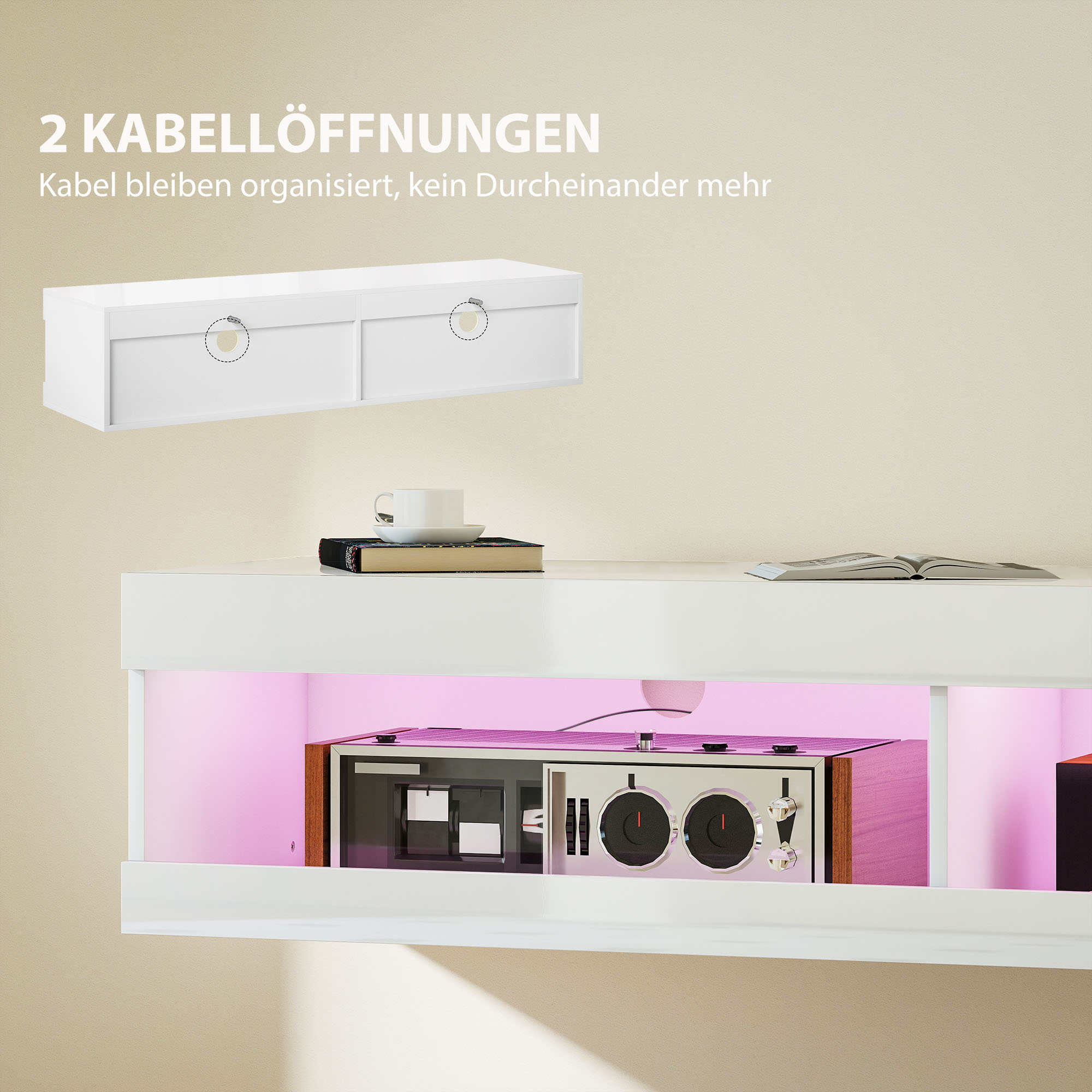 TV Schrank, Hängendes TV Lowboard mit RGB LED-Beleuchtung in 16 Farben, TV Ständer mit offenen Stauraum, für 55-60 Zoll Fernseher, für Wohnzimmer, Schlafzimmer, 140 x 40 x 30 cm, Hochglanzweiß