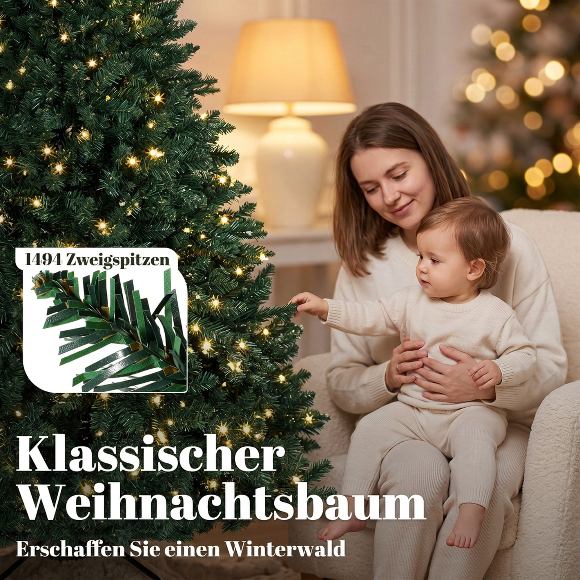 Weihnachtsbaum, 550 warmweiße LEDs, 1494 Zweige, flammhemmend, Kunststoff/Metall, 180 x 112 cm, Grün