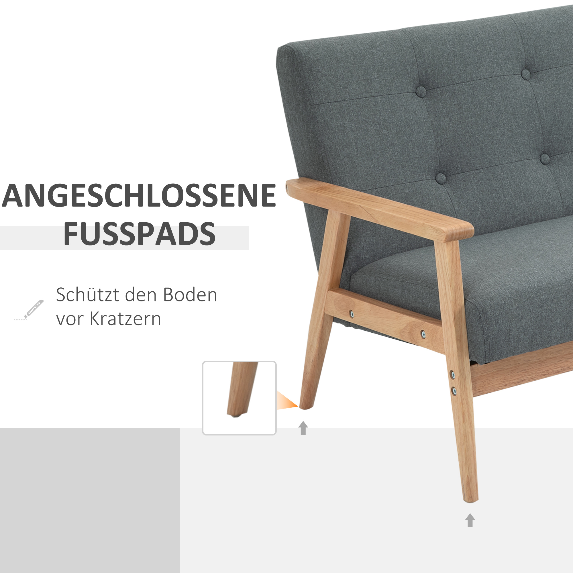Sofa 2 Sitzer, 115 cm Couch mit Armlehnen, Rückenlehne, Kleine Polstersofa mit Leinenoptik, Holzbeine, Gepolstert Loungesofa für Wohnzimmer, Schlafzimmer, Dunkelgrau