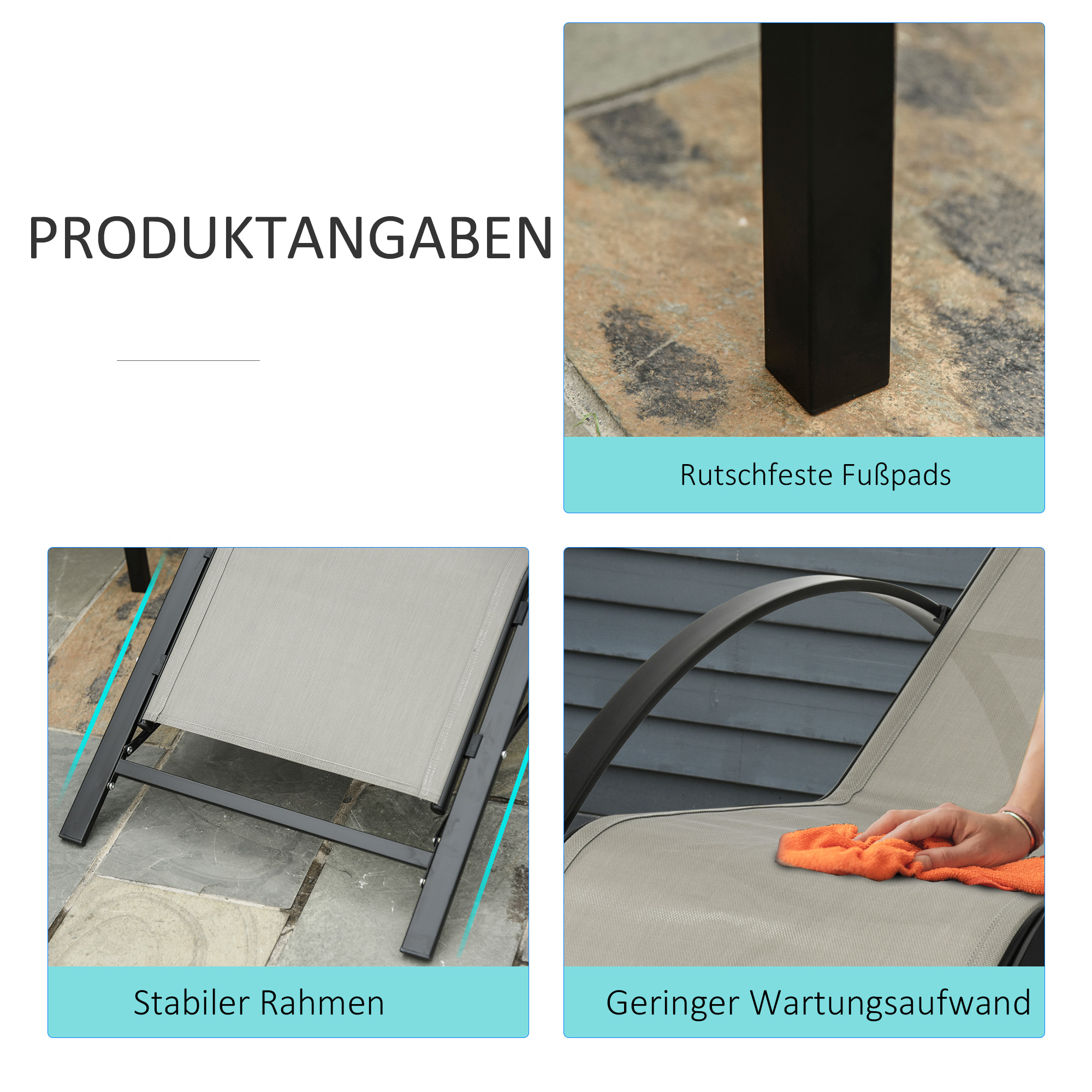 3-tlg. Gartenliegen-Set, 2 Sonnenliegen & 1 Beistelltisch, Metallrahmen, Grau+Schwarz