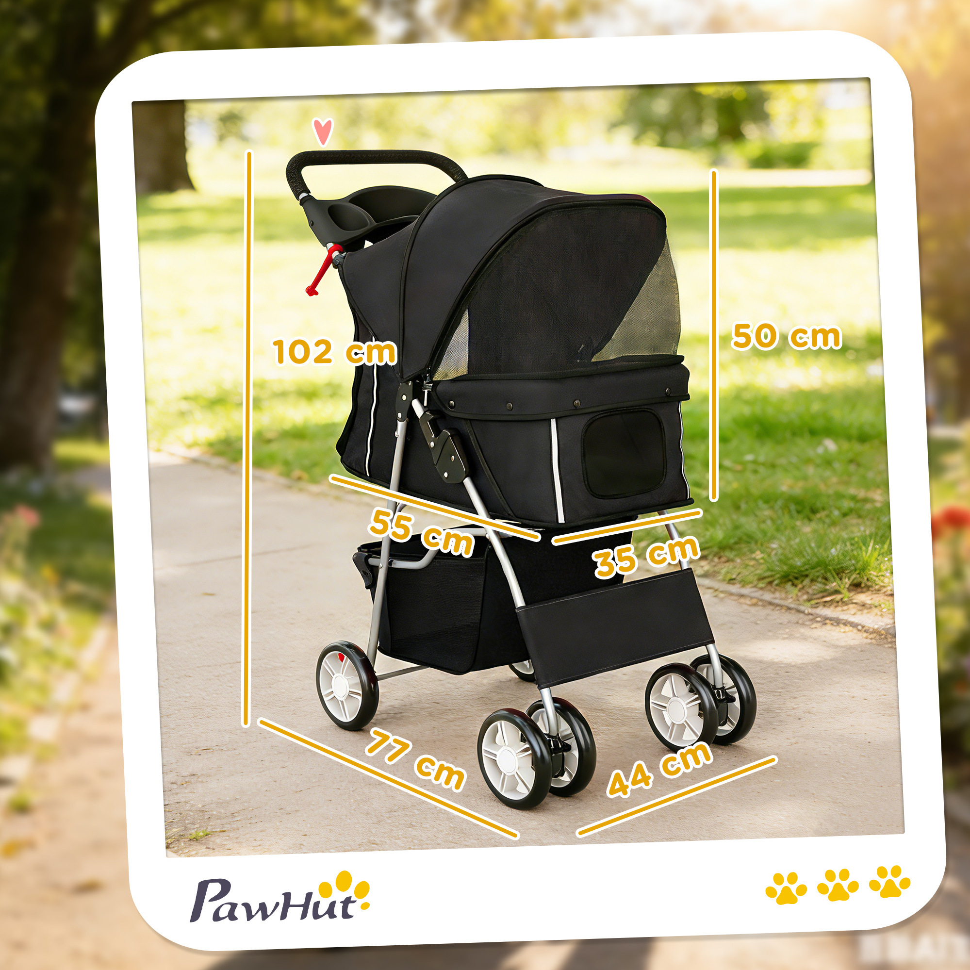 Hundewagen Faltbar Hundebuggy mit Reflektorstreif Aufbewahrungskorb Kissen für kleine Hunde bis 10 kg 77x44x102 cm Schwarz