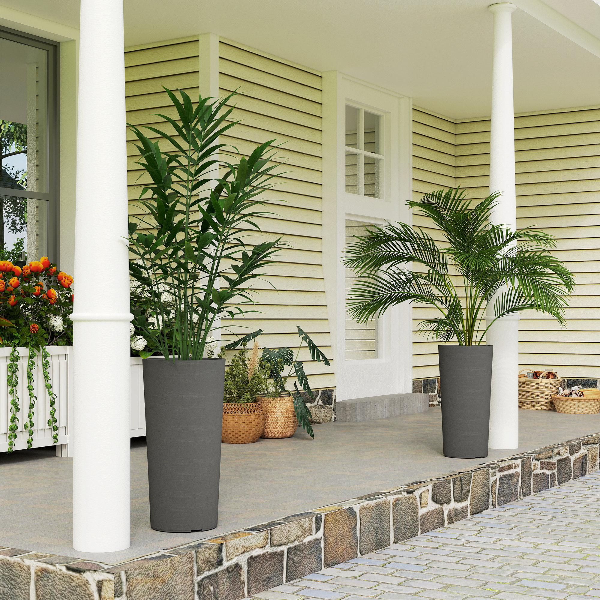 2er Set Blumentopf stapelbar Pflanzkübel mit Löcher 35x35 cm Pflanztöpfe Rund Dunkelgrau