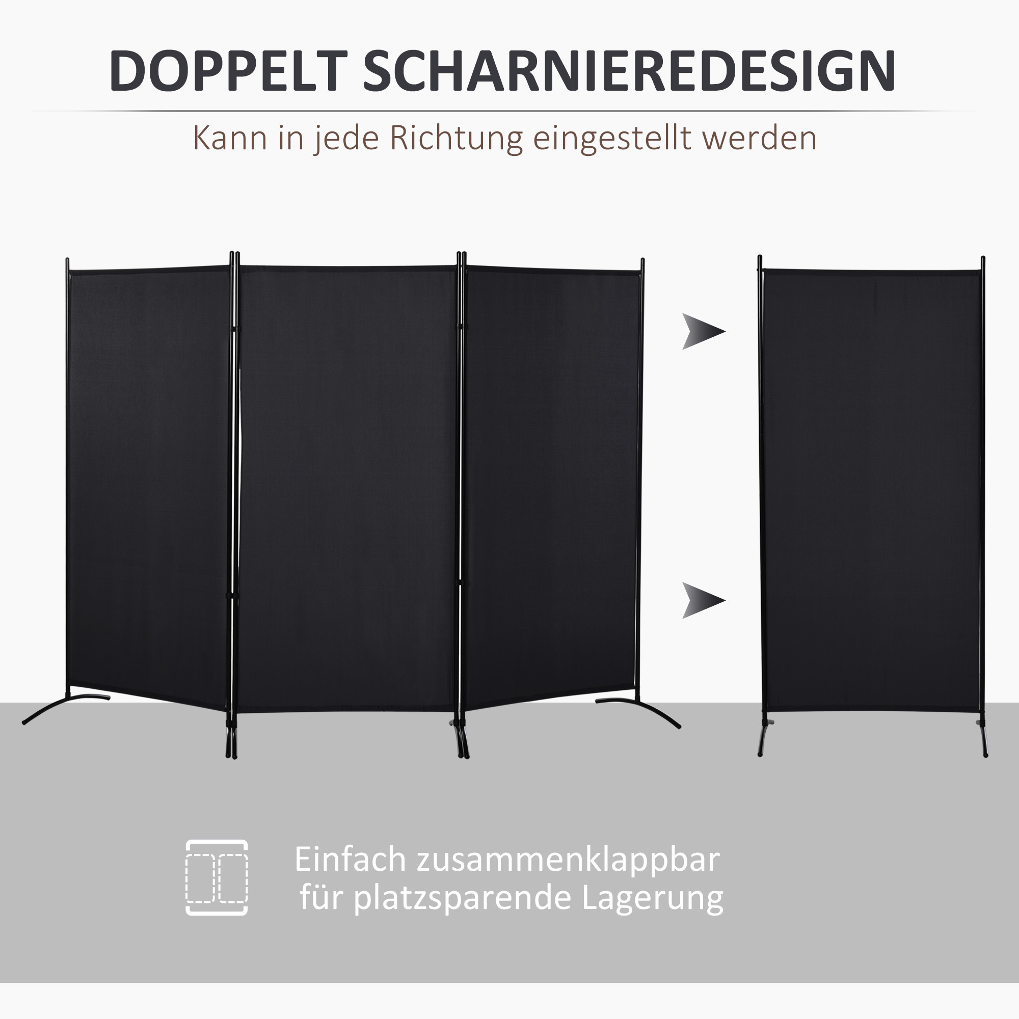 Raumteiler, 3-teiliger Sichtschutz, Raumtrenner mit Metallrahmen, Schwarz