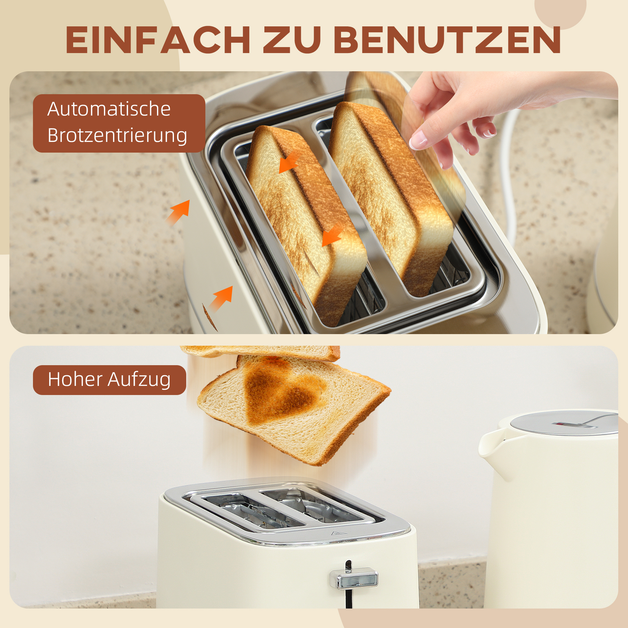 Set aus 1,7 L Wasserkocher und Toaster mit 6 Bräunungsstufen, Beige