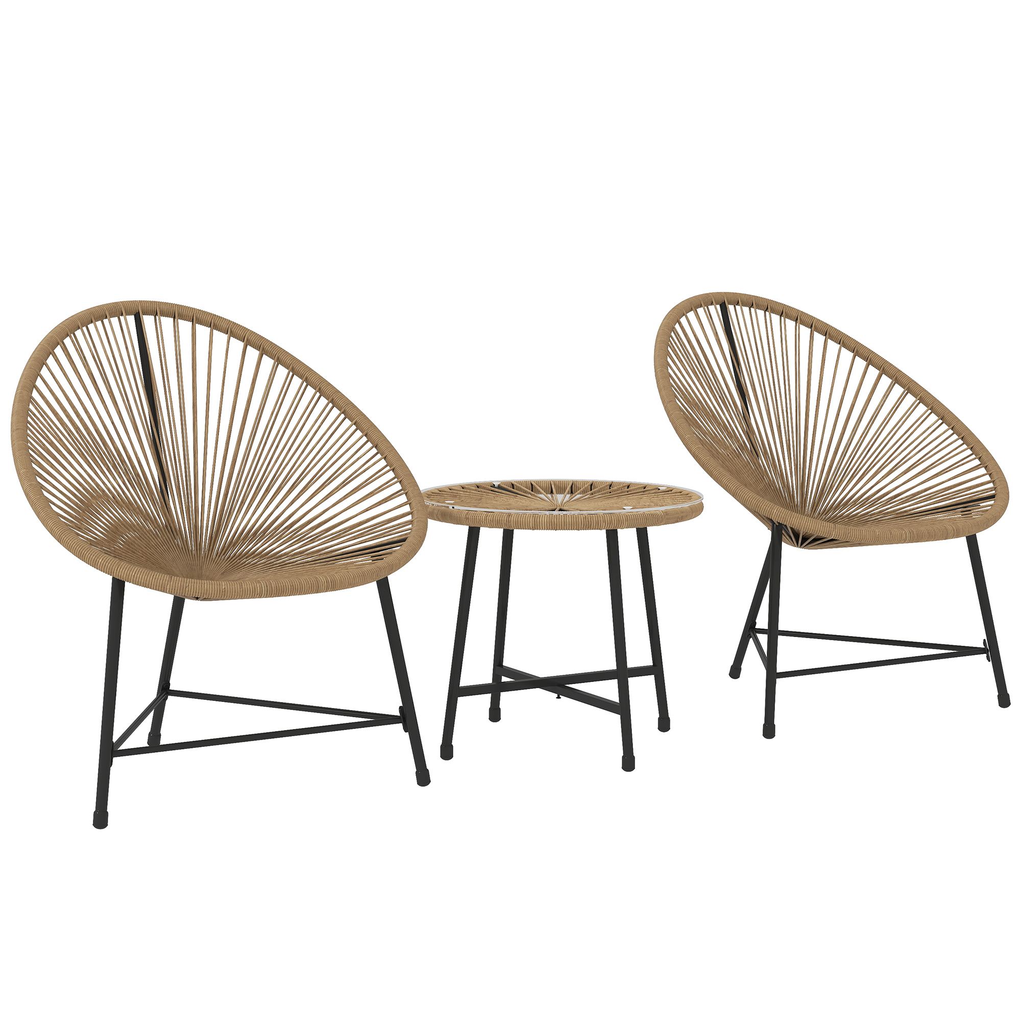 3-teiliges Gartenmöbel-Set, 2 Kunststoffrattan-Stühle, 1 Tisch mit Glasplatte, Stahlrahmen, Outdoor-Sitzmöbel, Hellbraun