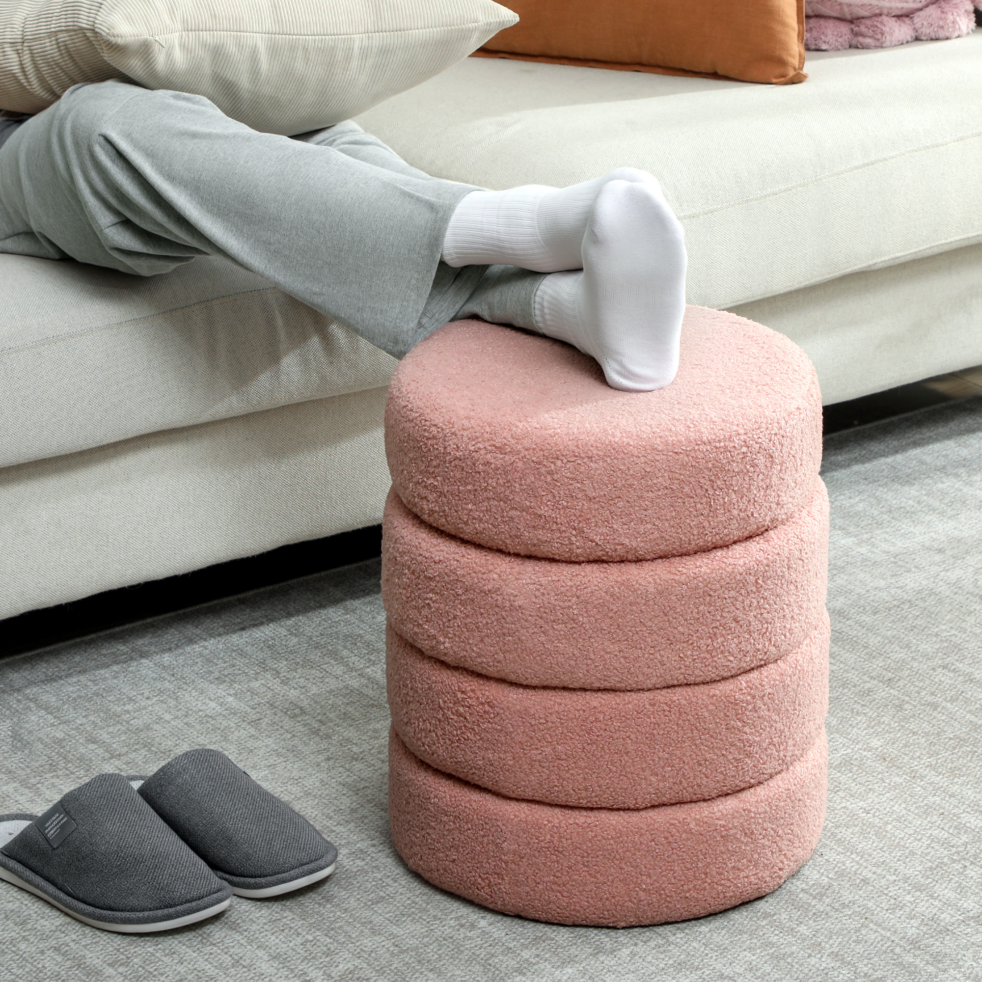 Hocker, rund, Teddyfleece, bis 120kg, Φ40x45H cm, Rosa