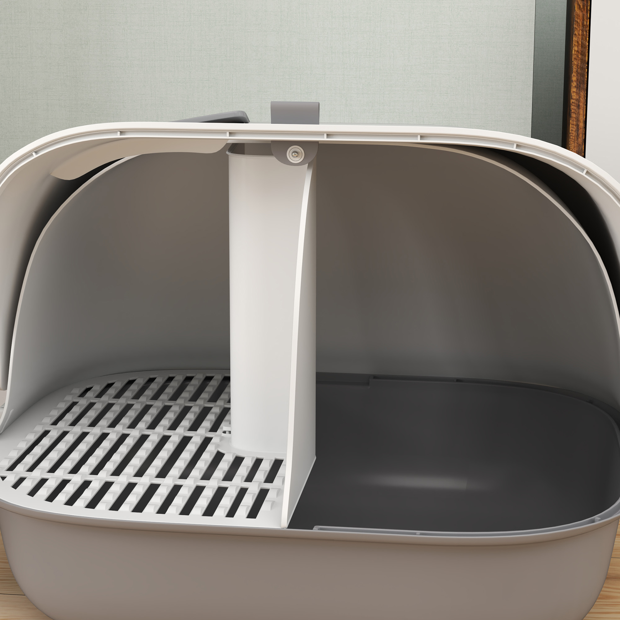 Katzentoilette mit Deckel, Katzenklo mit internem Kanal, Tür, Schaufel, leicht zu reinigen, Kunststoff, Hellgrau