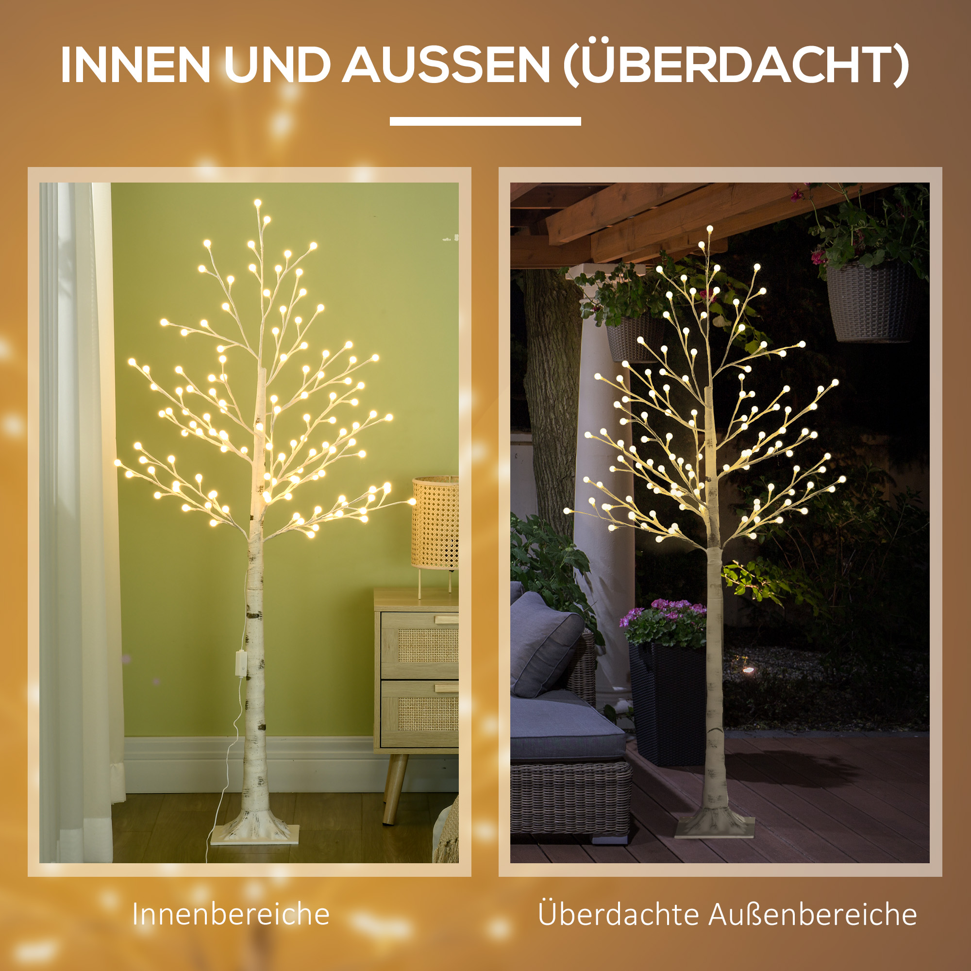 Künstliche Birke mit 120 LED-Lichtern, 3 Helligkeitsstufen, faltbare Äste, IP44, 150 cm, Weiß