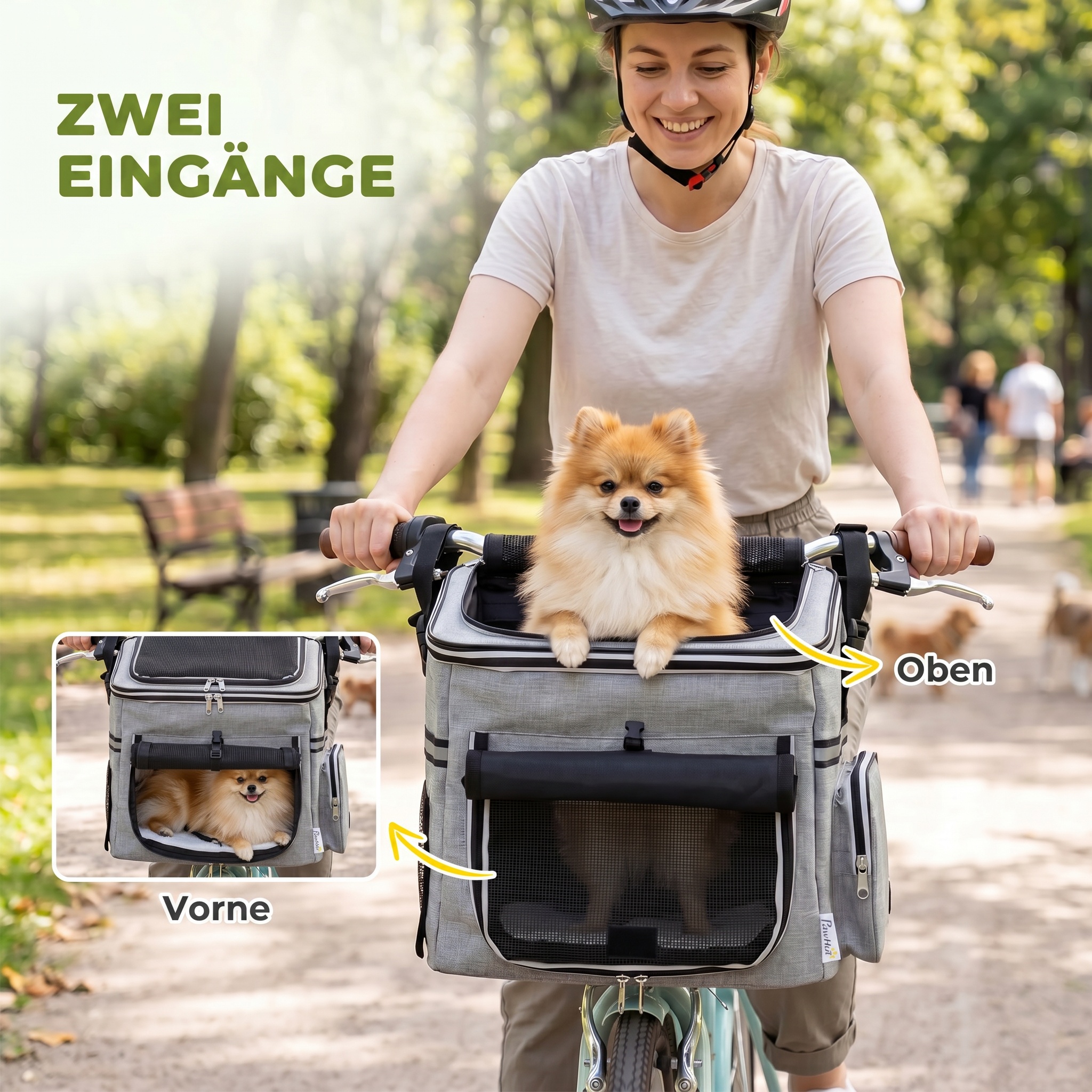 Hundekorb Fahrrad Vorne Tragbar Hundefahrradkorb mit Sicherheitsleine Kissen Schüssel für Kleine Hunde bis 5kg Hellgrau