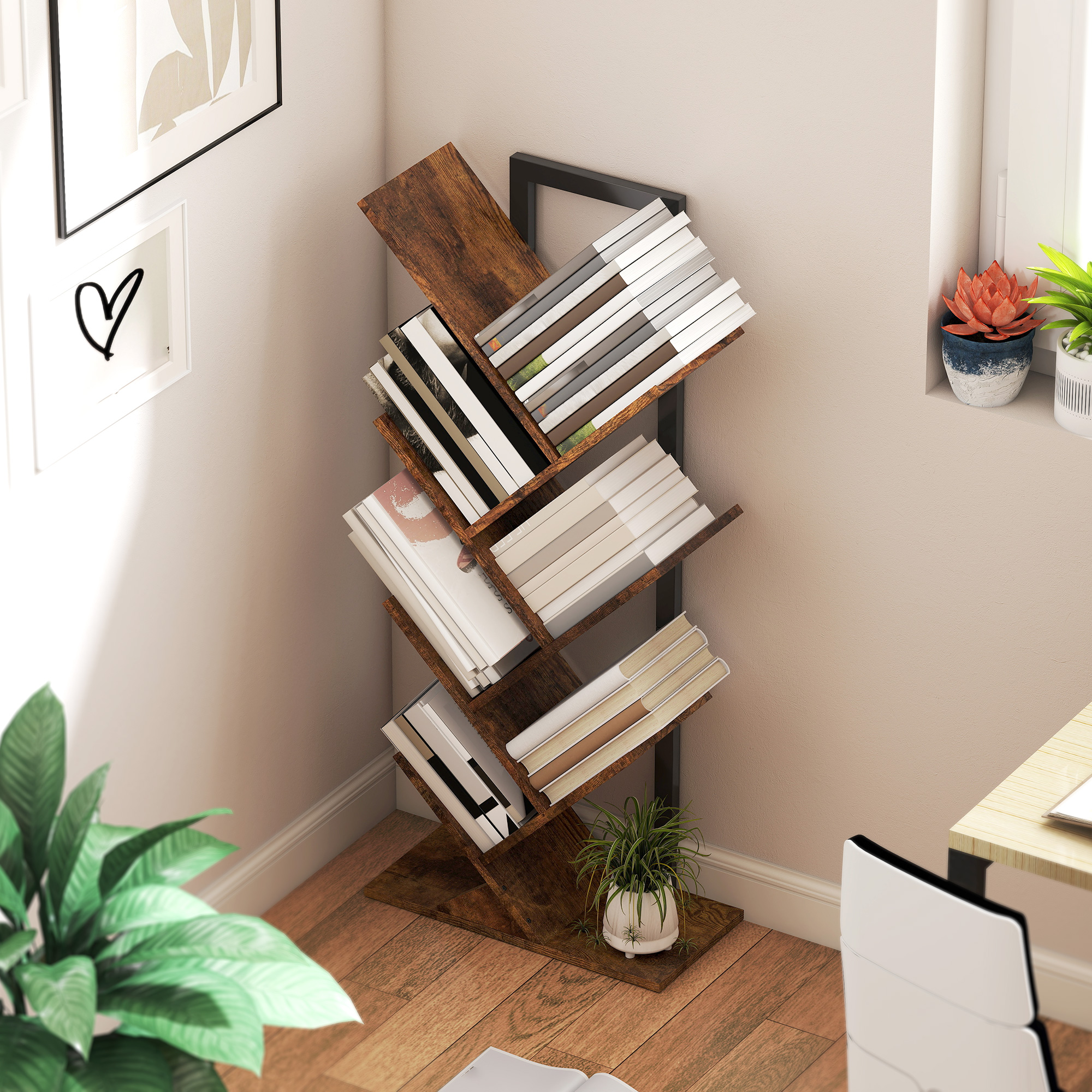 Bücherregal Standregal mit 7 Ebenen Schmal Regal im Baumform für Büro, Rustikal Braun