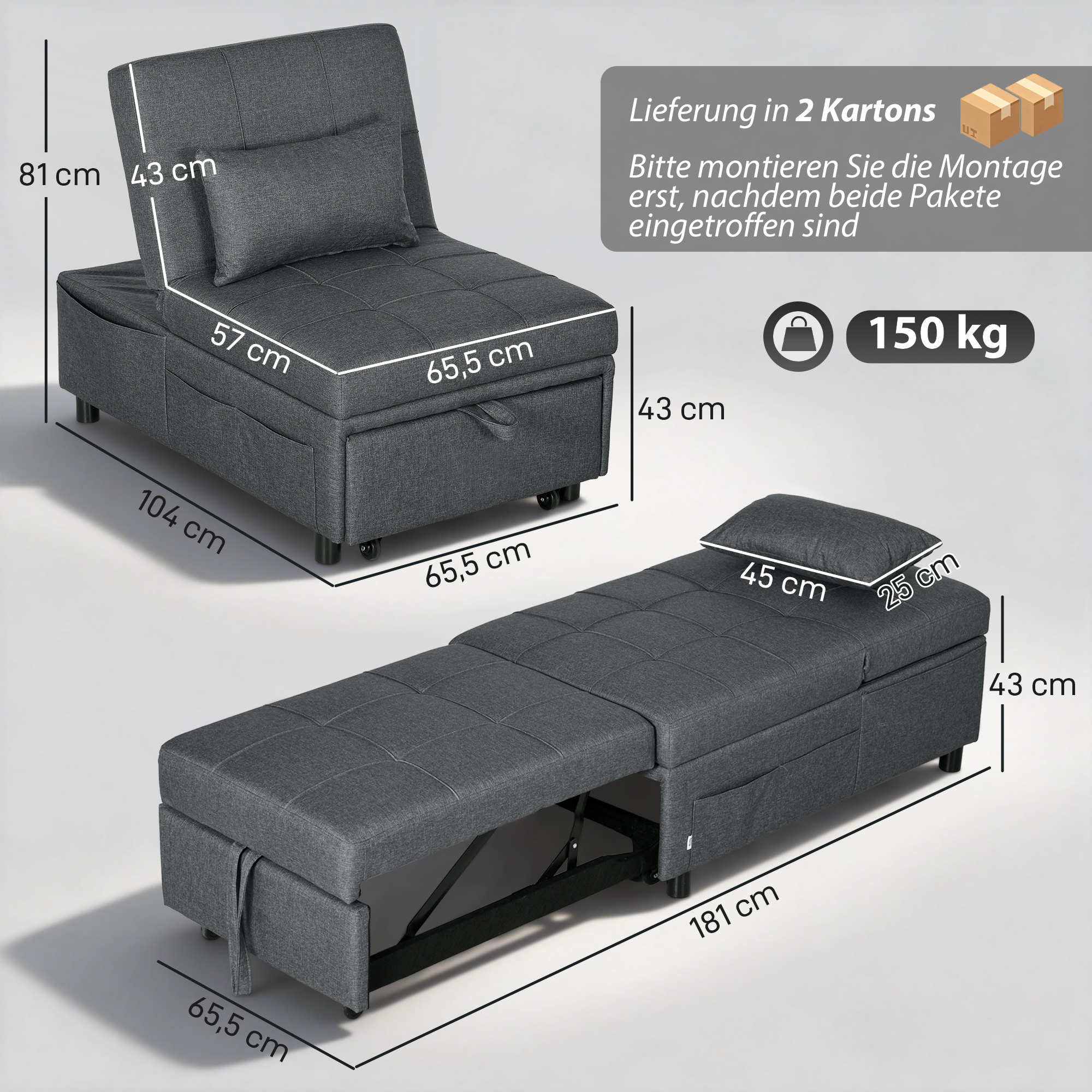 4-in-1 Multifunktionales Schlafsofa, umklappbarer Schlafsessel mit verstellbarer Rückenlehne und Kissen