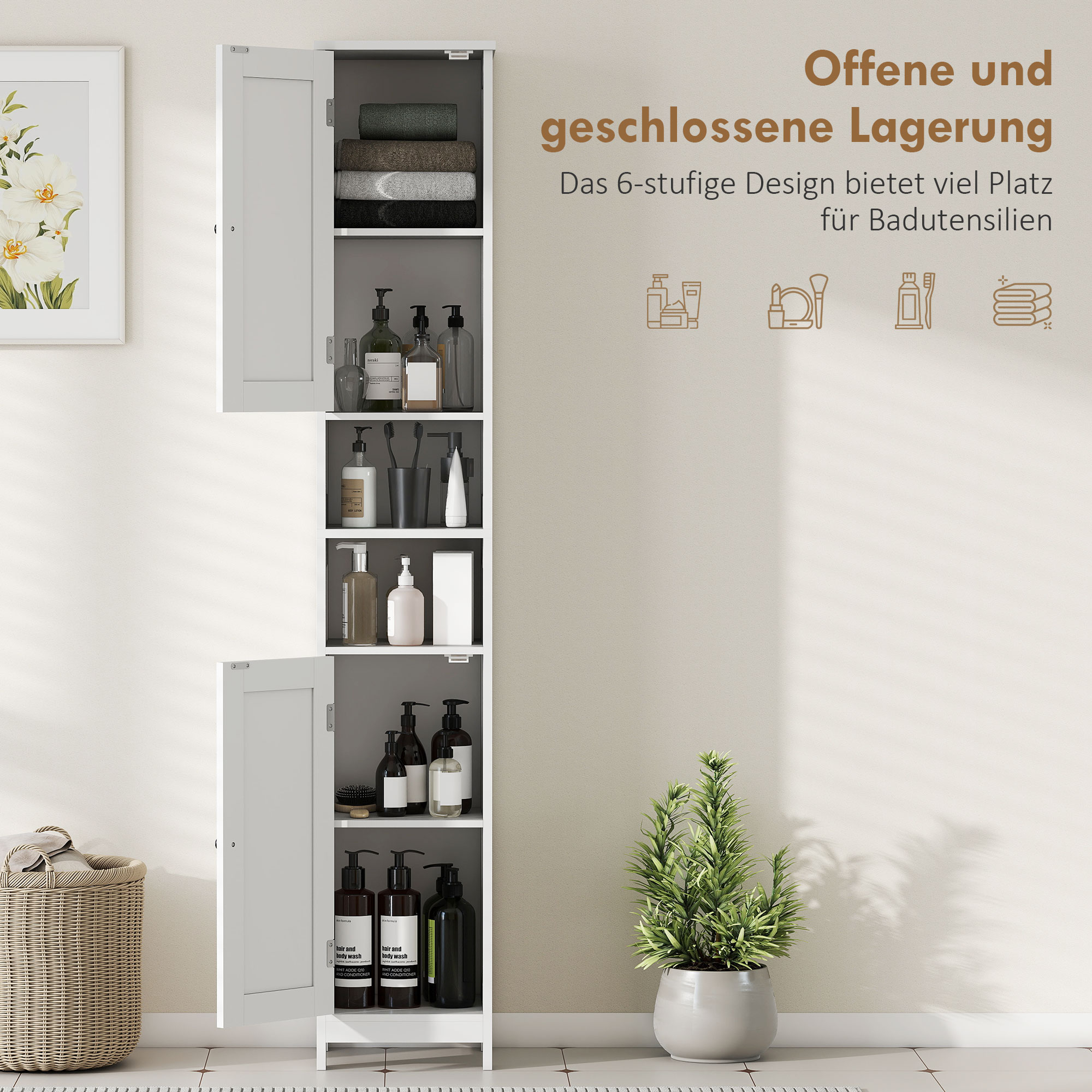hoher schlanker Badezimmerschrank mit Türen, offene Regale, 30 x 30 x 170 cm, Weiß