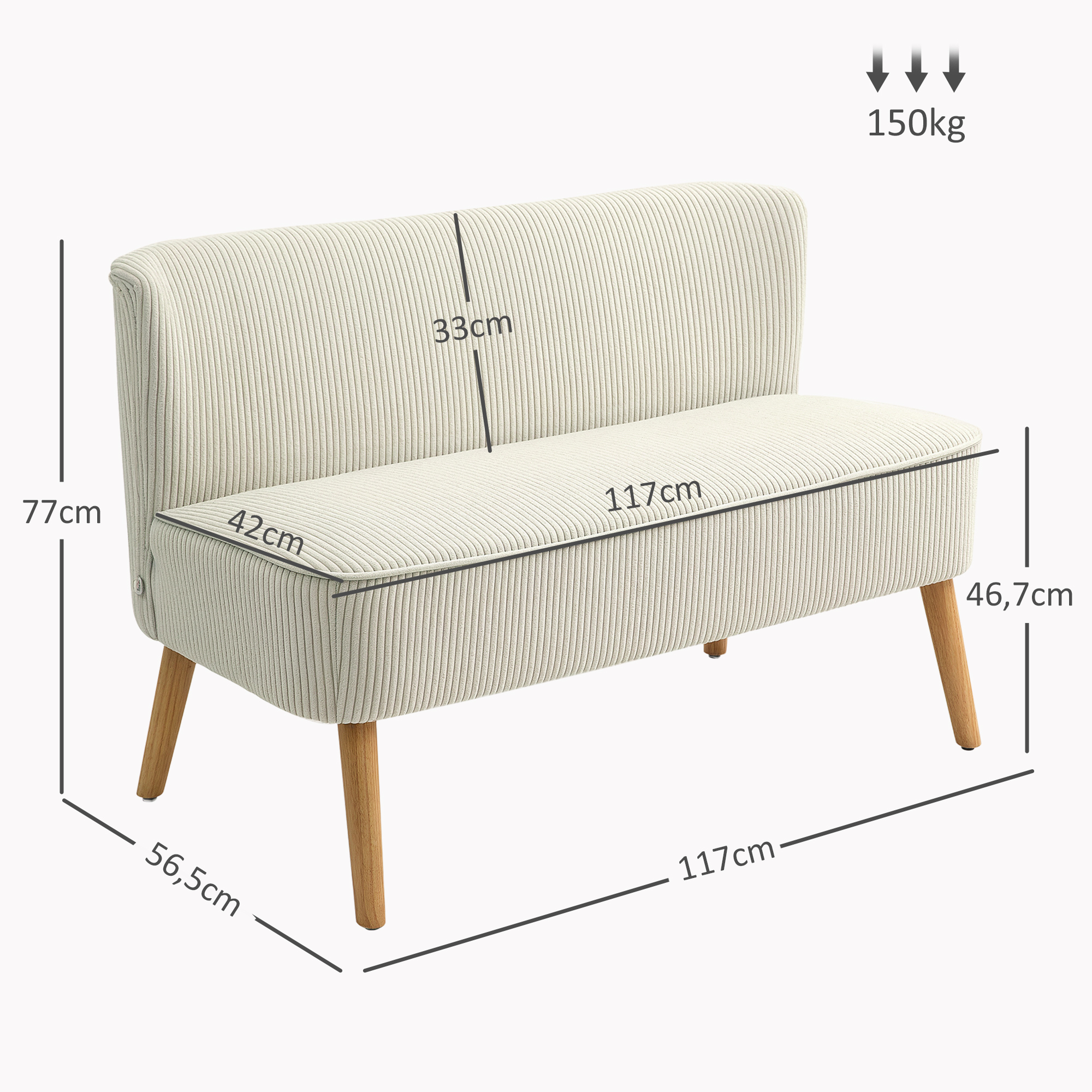 2-Sitzer Sofa, weiche Polsterung, pflegeleichter Bezug, bis 150 kg belastbar, 117 x 56,5 x 77 cm, Cremeweiß