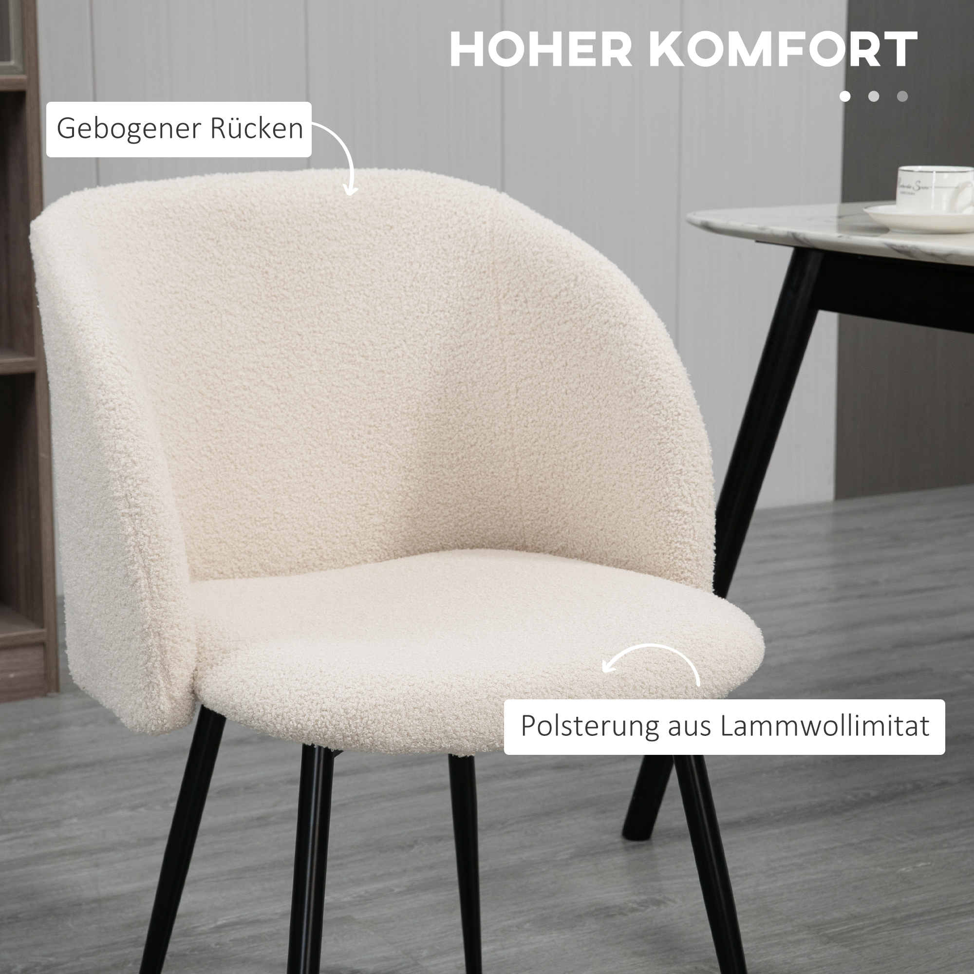 2er-Set Esszimmerstühle, Polsterstühle mit Stoffbezug, Küchenstühle mit Stahlbeinen, gewölbte Rückenlehne, Cremeweiß