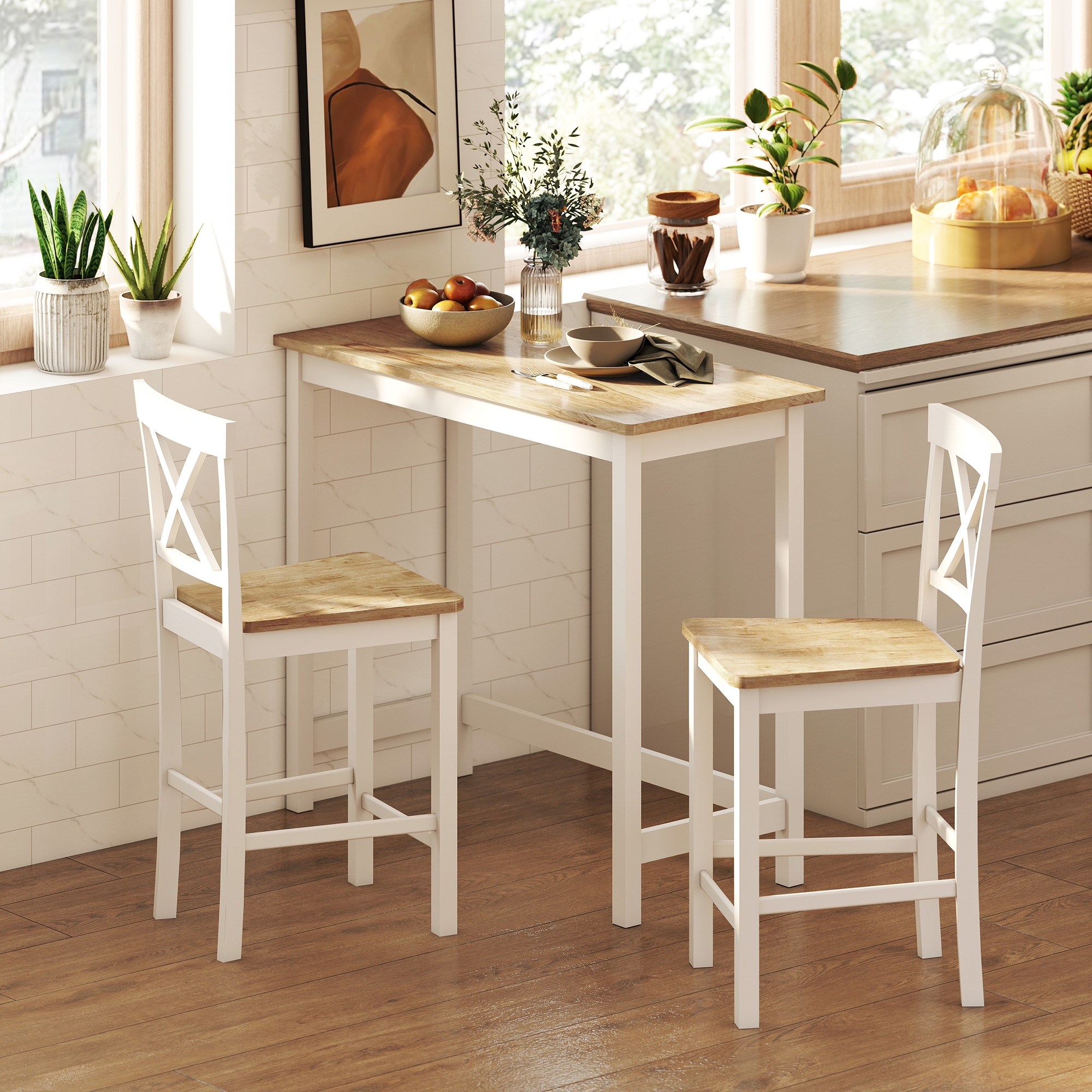 2er-Set Barstühle mit Rückenlehne und Fußstütze, Kautschukholz, für Küche, Esszimmer, Bar, Eiche+Weiß