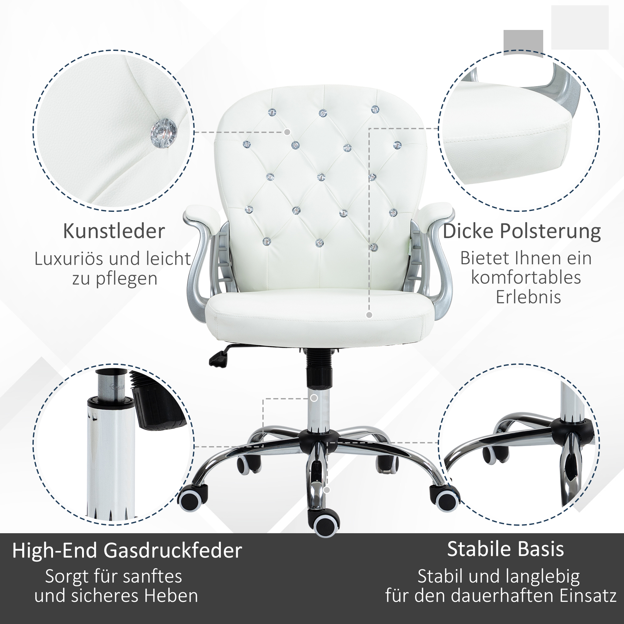 Bürostuhl, Ergonomisch Schreibtischstuhl mit Armlehne, Gepolsterter Rückenlehne Weiß