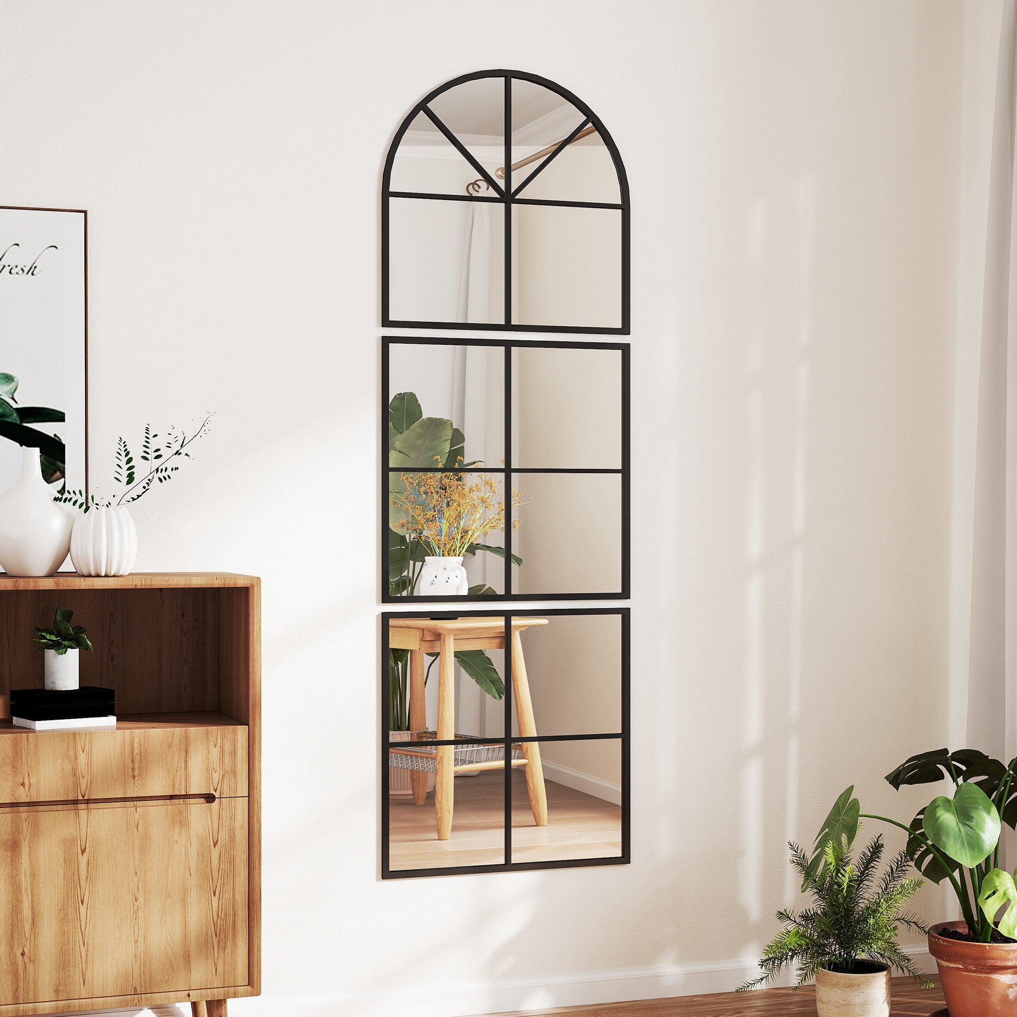 Wandspiegel dreiteilig, bogenförmiger Spiegel mit Metallrahmen, dekorativ 60 x 2 x 180 cm Schwarz