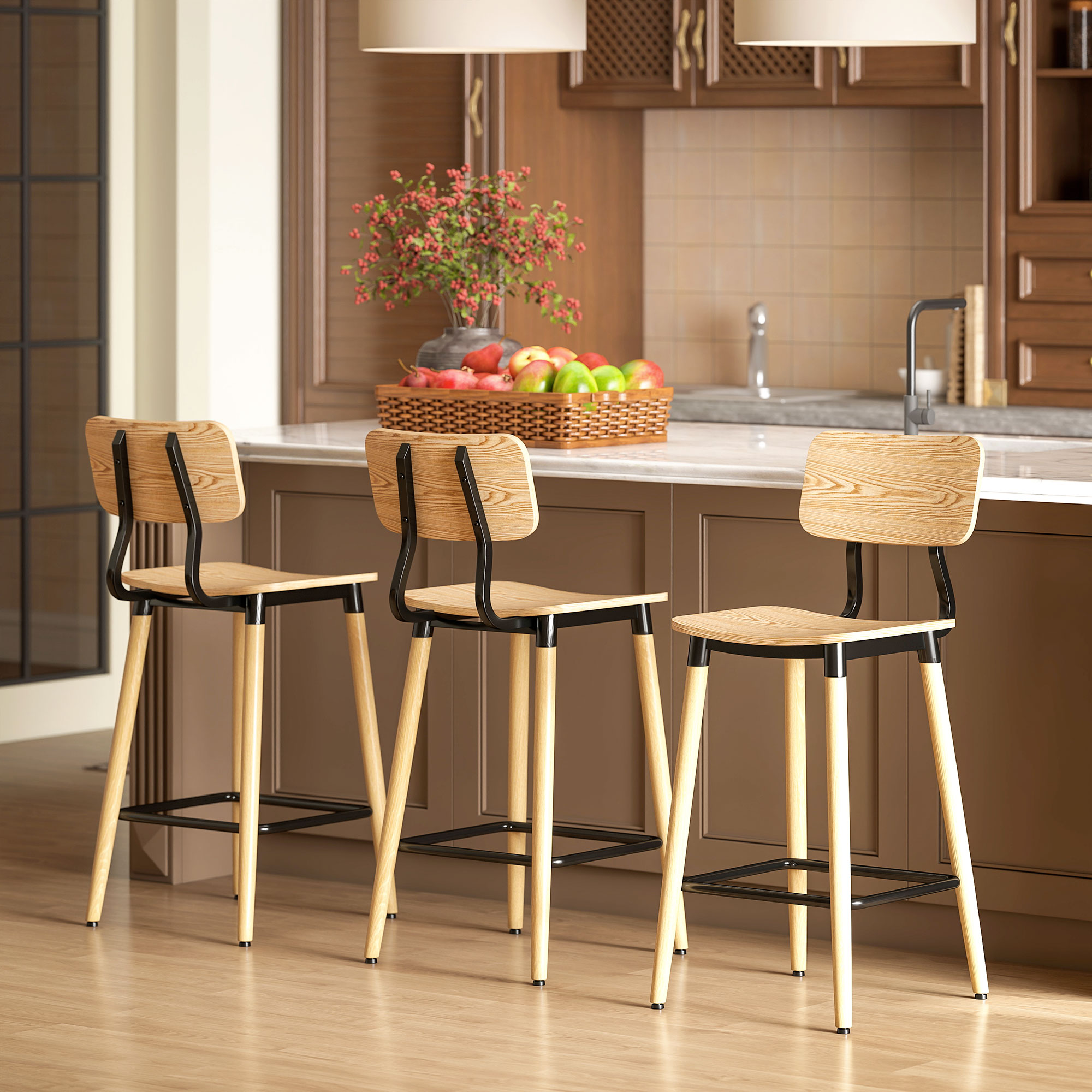 2er-Set Barhocker mit Rückenlehne, Barstühle für Hausbar, Kücheninsel, Esszimmer, Holz, Metall, Hellbraun