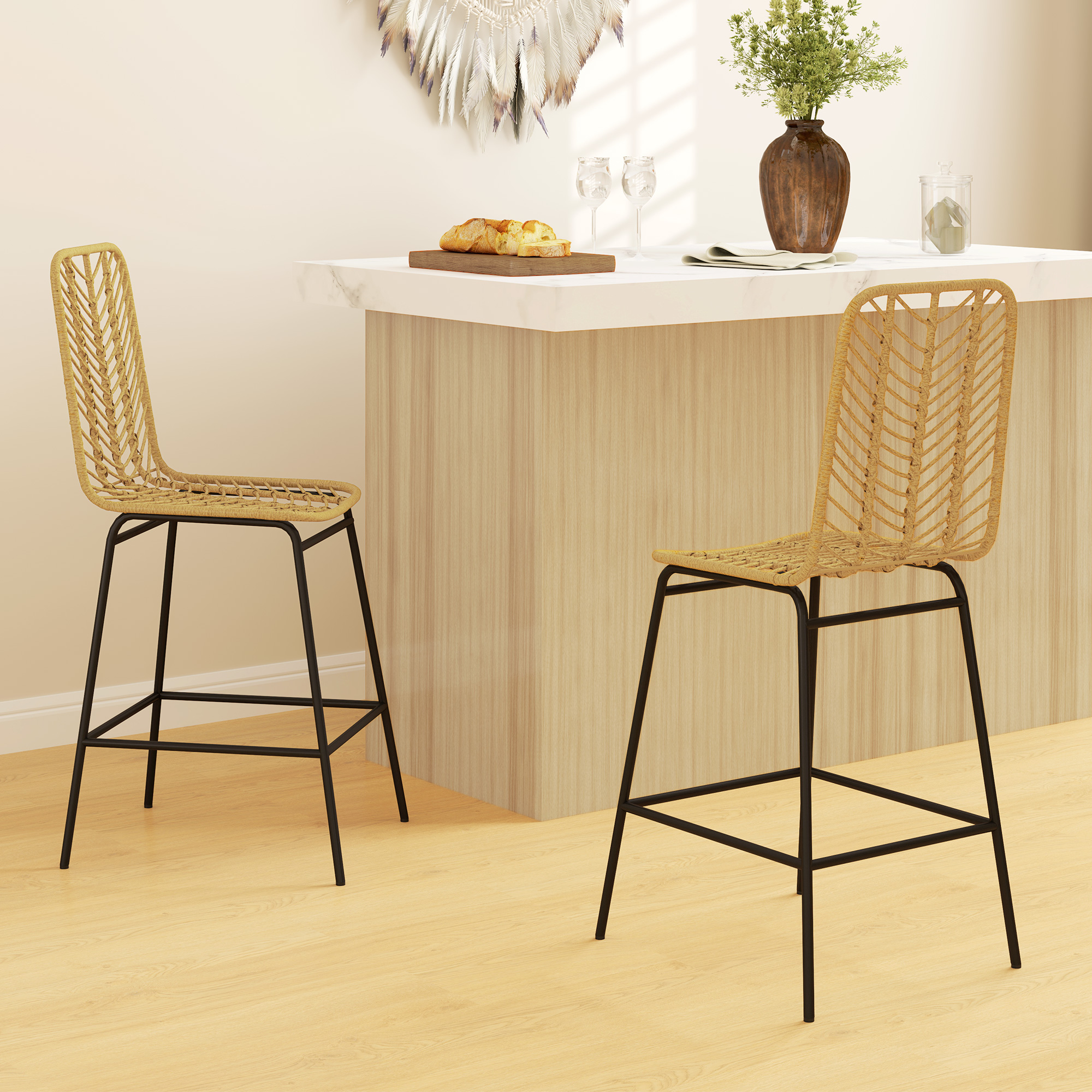 2er Set Barhocker mit Lehne Barstühle im Boho-Design, PE-Rattan, inkl, Fußtstütze, 42,5 cm x 52 cm x 102 cm, Gelb + Schwarz