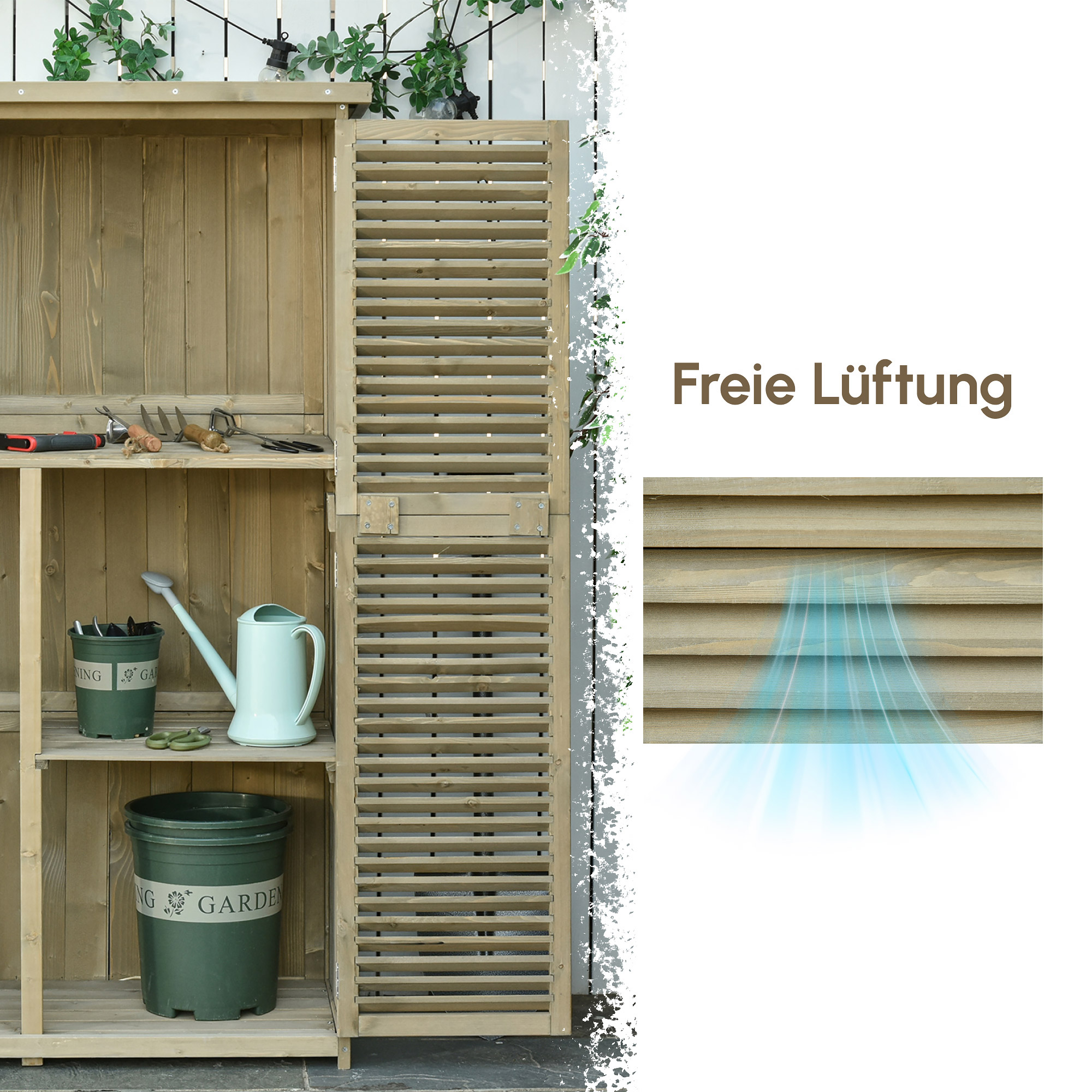 Gartenschrank Holz Geräteschuppen Gerätehaus mit Asphaltdach Lamellentür Geräteschrank Schuppen Garten 4 Fächer Grau 87 x 46,5 x 160 cm