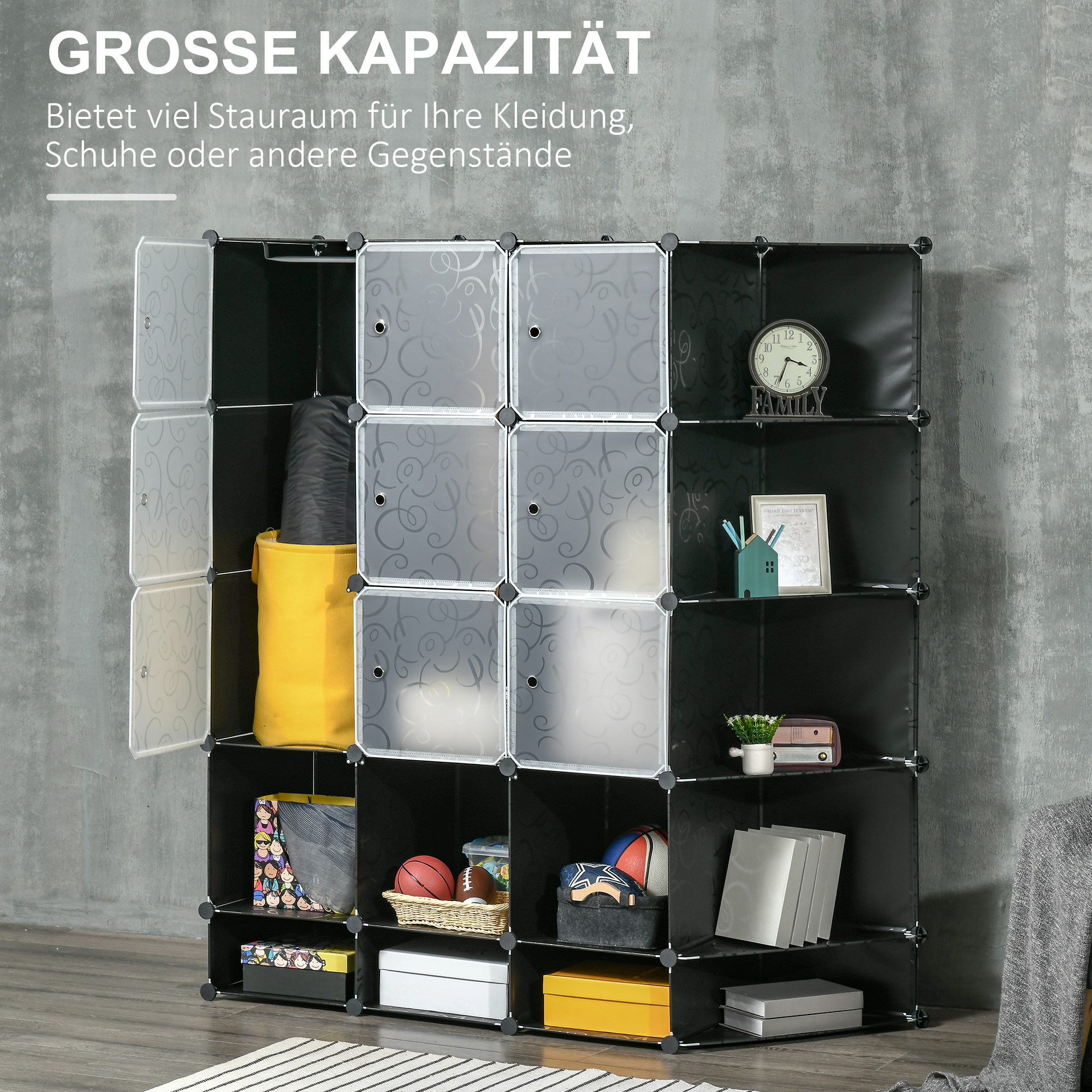 Modularer Aufbewahrungsschrank, Kleiderschrank, 16 Fächer, Kunststoff, Stahl