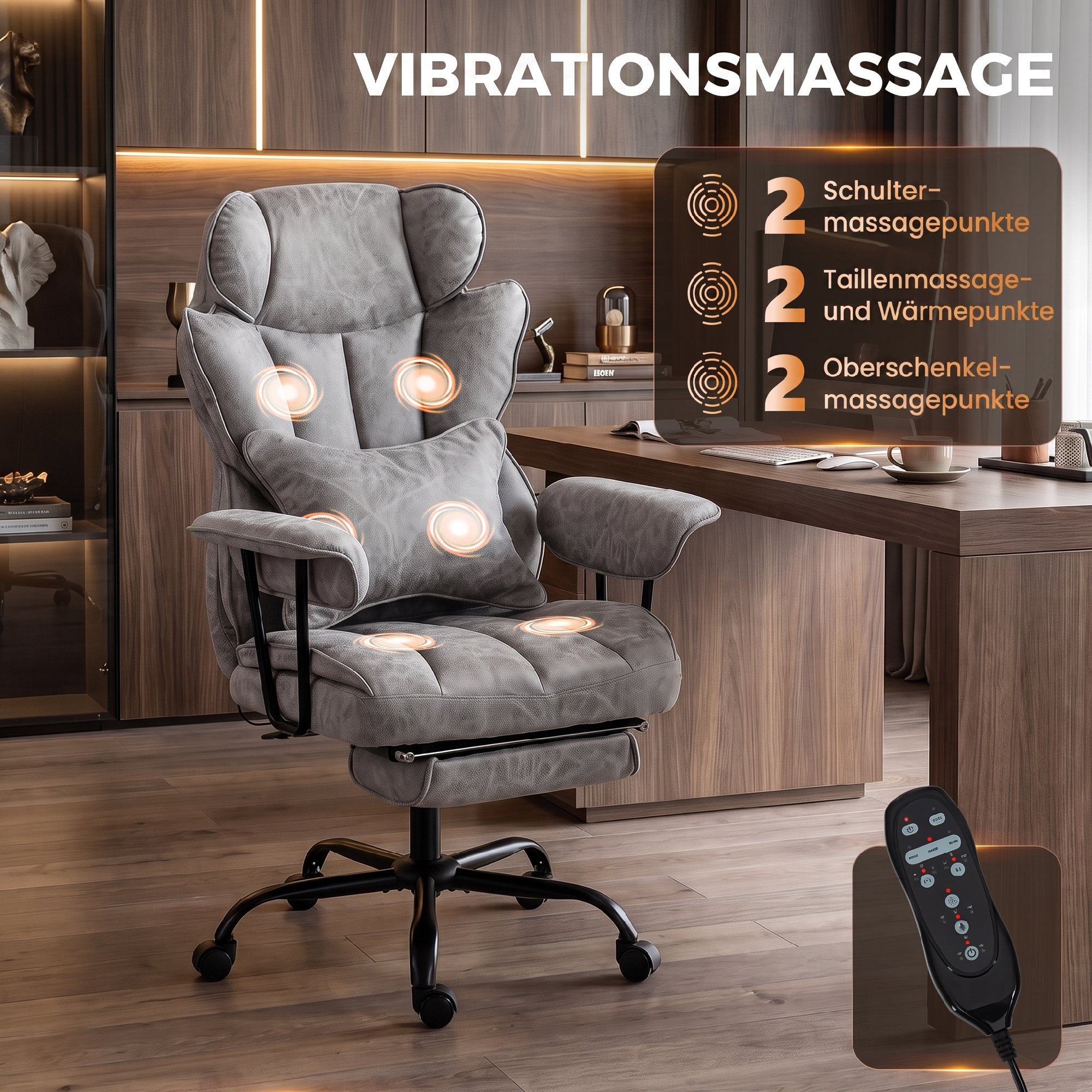 Bürostuhl mit 6-Punkt-Massage und Wärme, Schreibtischstuhl mit Fußstütze, Lendenstütze und breiter Sitzfläche, Grau