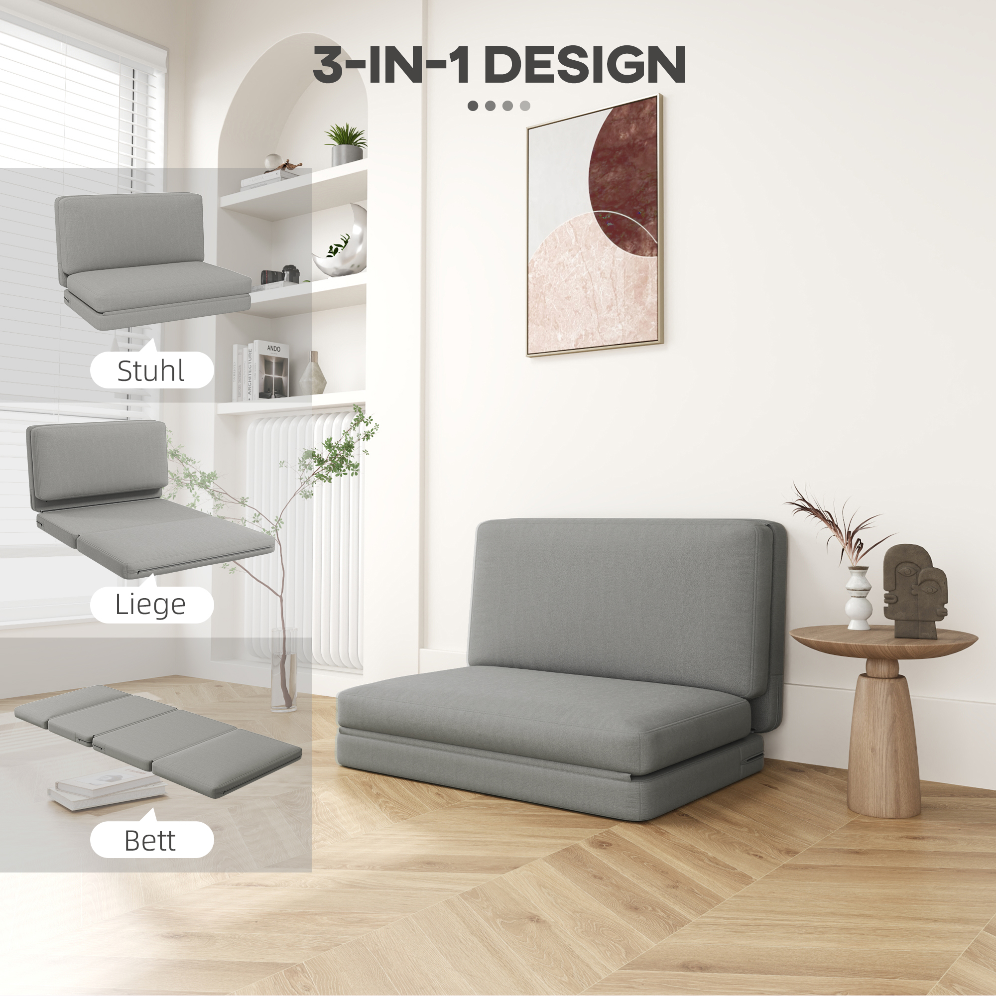2-in-1 faltbarer Relaxsessel, Gästematratze, teilbar, 120 cm breit, Hellgrau