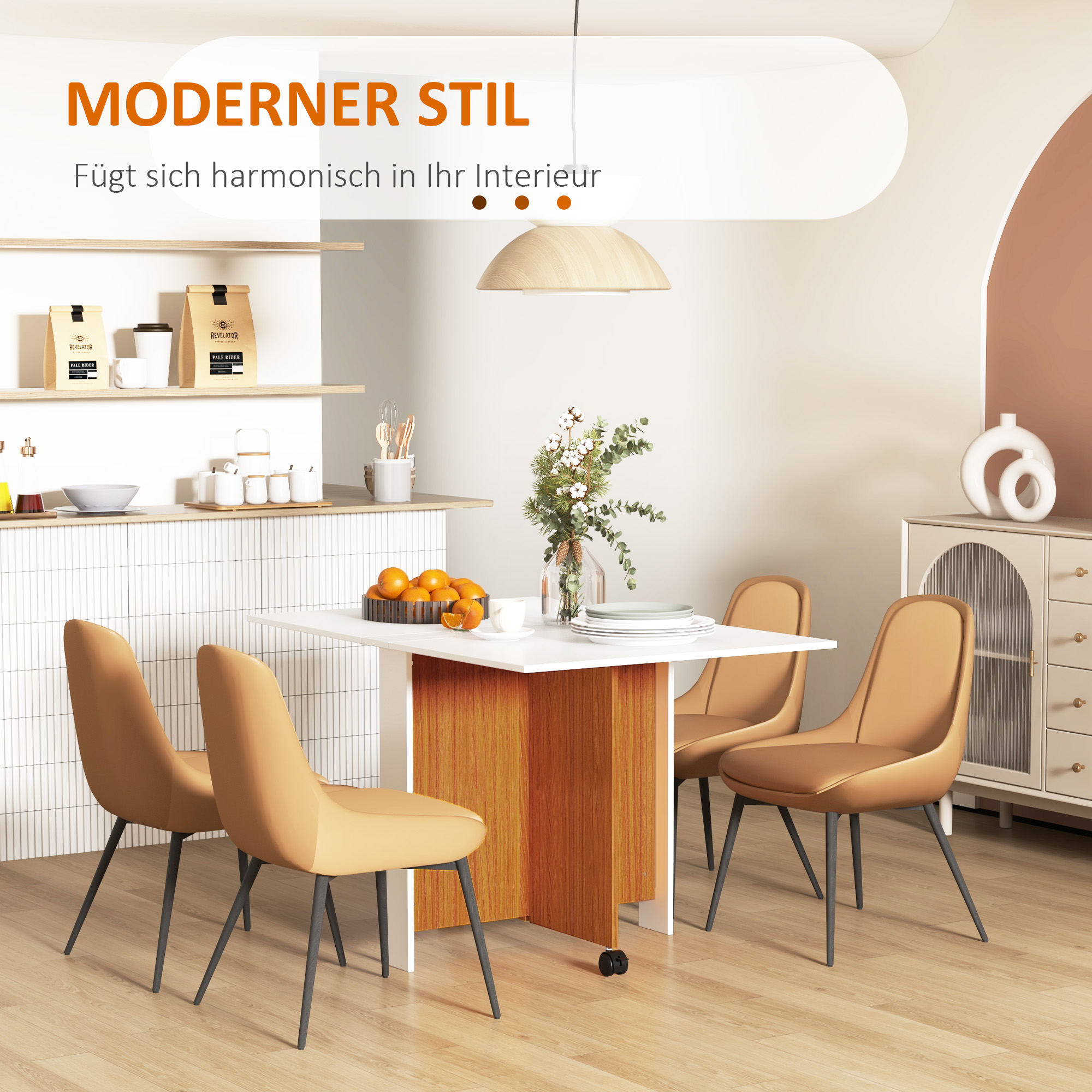 Ausklappbarer Esstisch Ausziehbarer Esstisch, mobil, modernes Design, 120 cm x 80 cm x 73 cm, Teak + Weiß