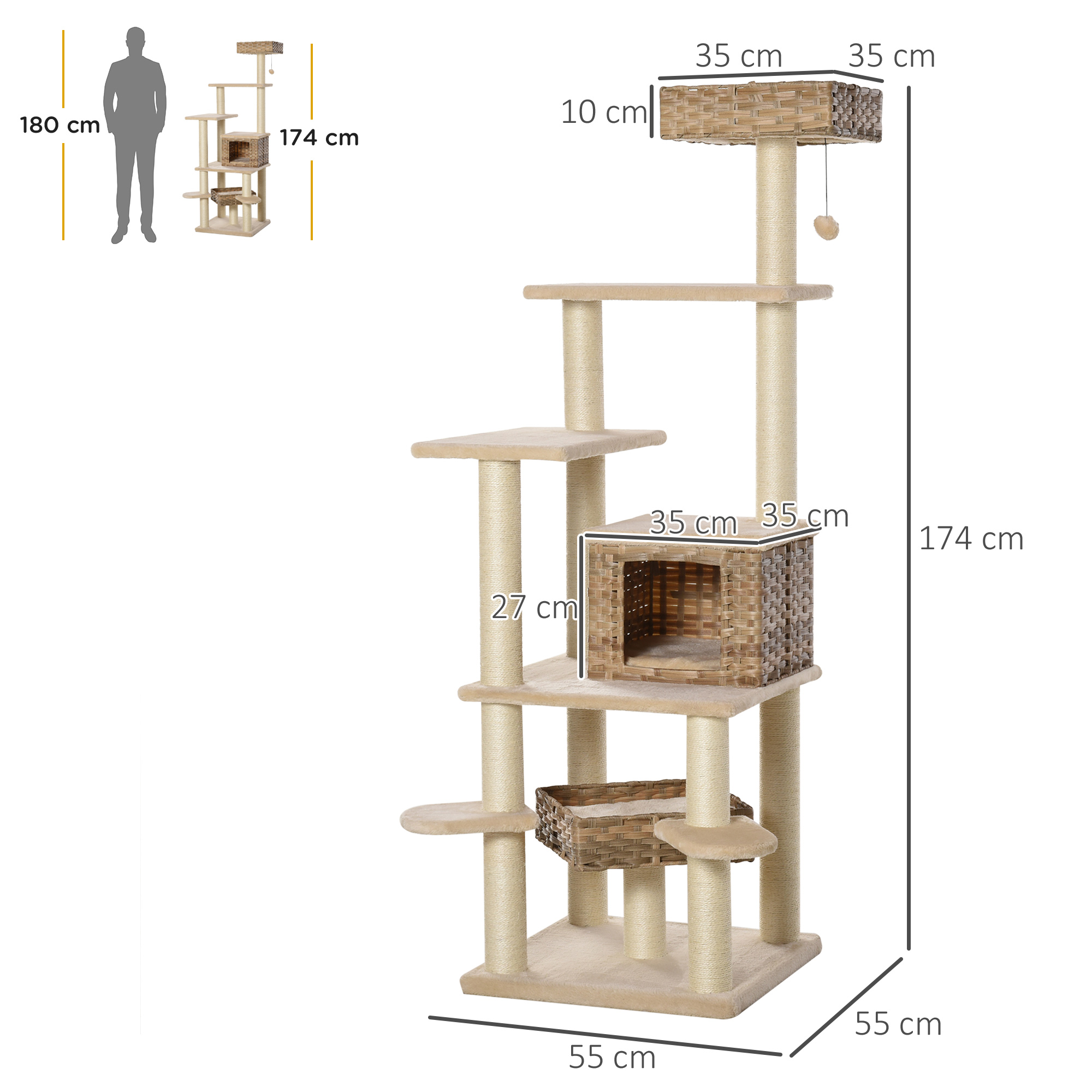 Rattan Kratzbaum mit Katzenhöhle Mehrstufiger Katzenbaum Kletterbaum für Katzen E1 MDF Sisal Beige+Braun 55 x 55 x 174 cm