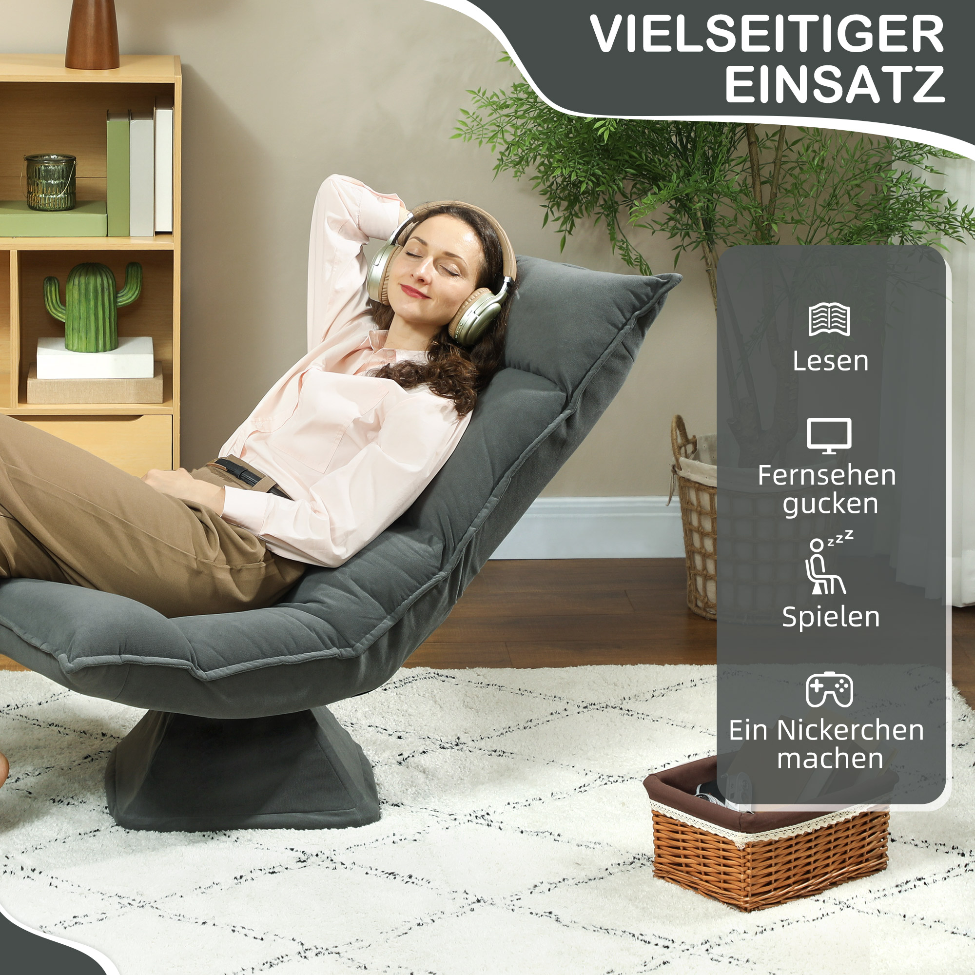 Bodensessel mit 5-fach verstellbarer Rückenlehne, drehbar, moderner Polsterstuhl, Dunkelgrau