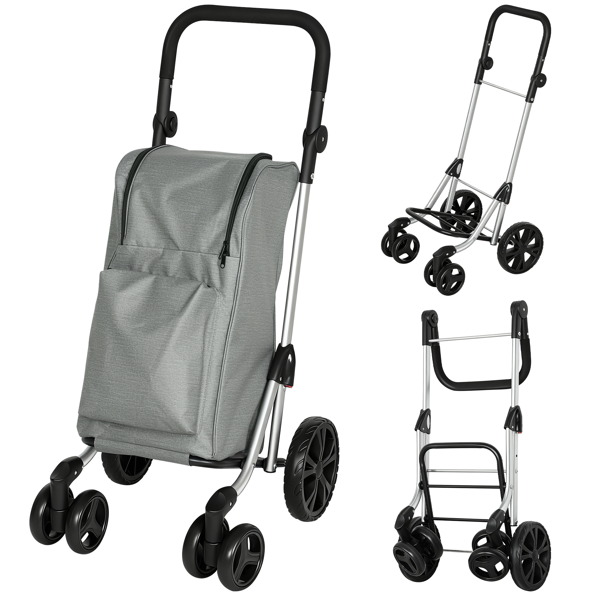Einkaufstrolley, 46 Liter Tasche, Faltbarer Einkaufswagen mit Kühltasche, verstellbarer Griff, Aluminiumrahmen, Grau