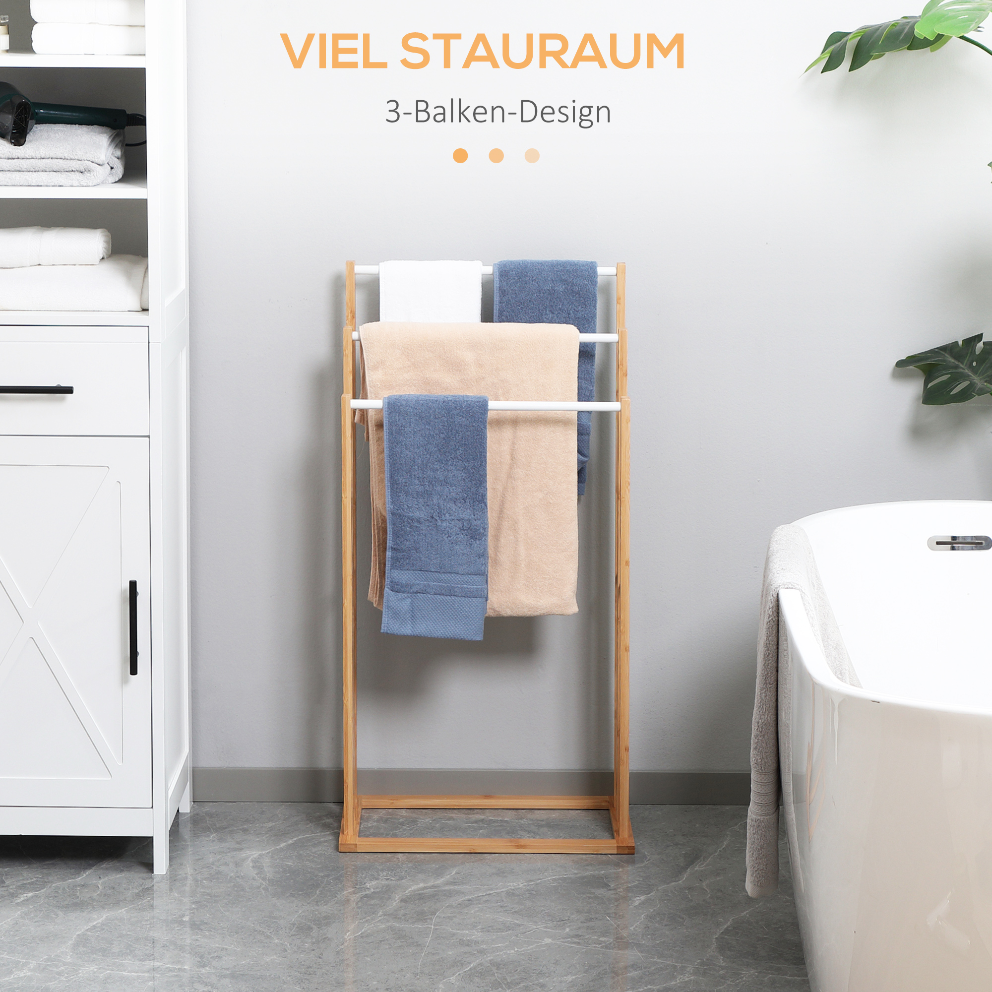 Handtuschständer aus Bambus, 3-teiliges Design, 3 Handtuchstangen 48 cm x 25,8 cm x 94 cm, Natur + Weiß