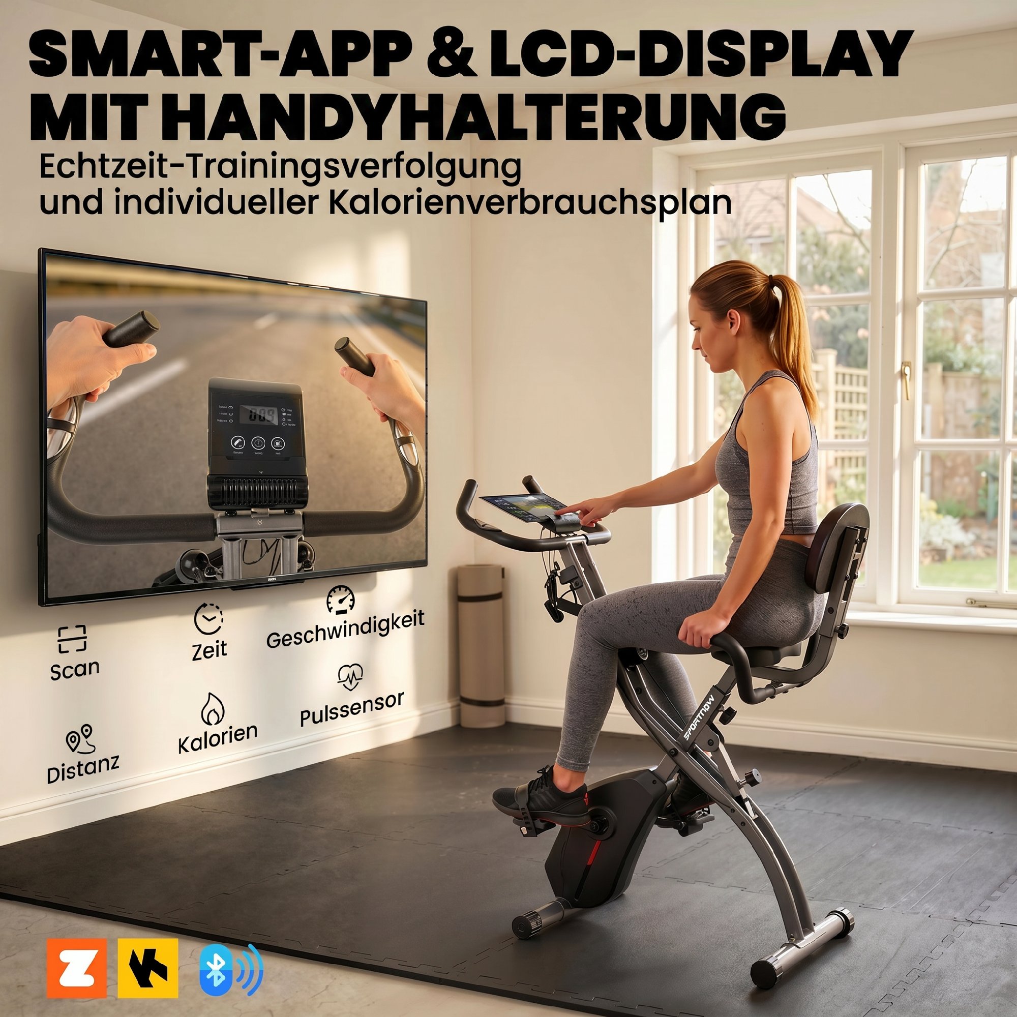 3 in 1 Heimtrainer Fahrrad Klappbar Leise Liegeergometer mit LCD Monitor Bluetooth Herzfrequenz Sensor Widerstandsband