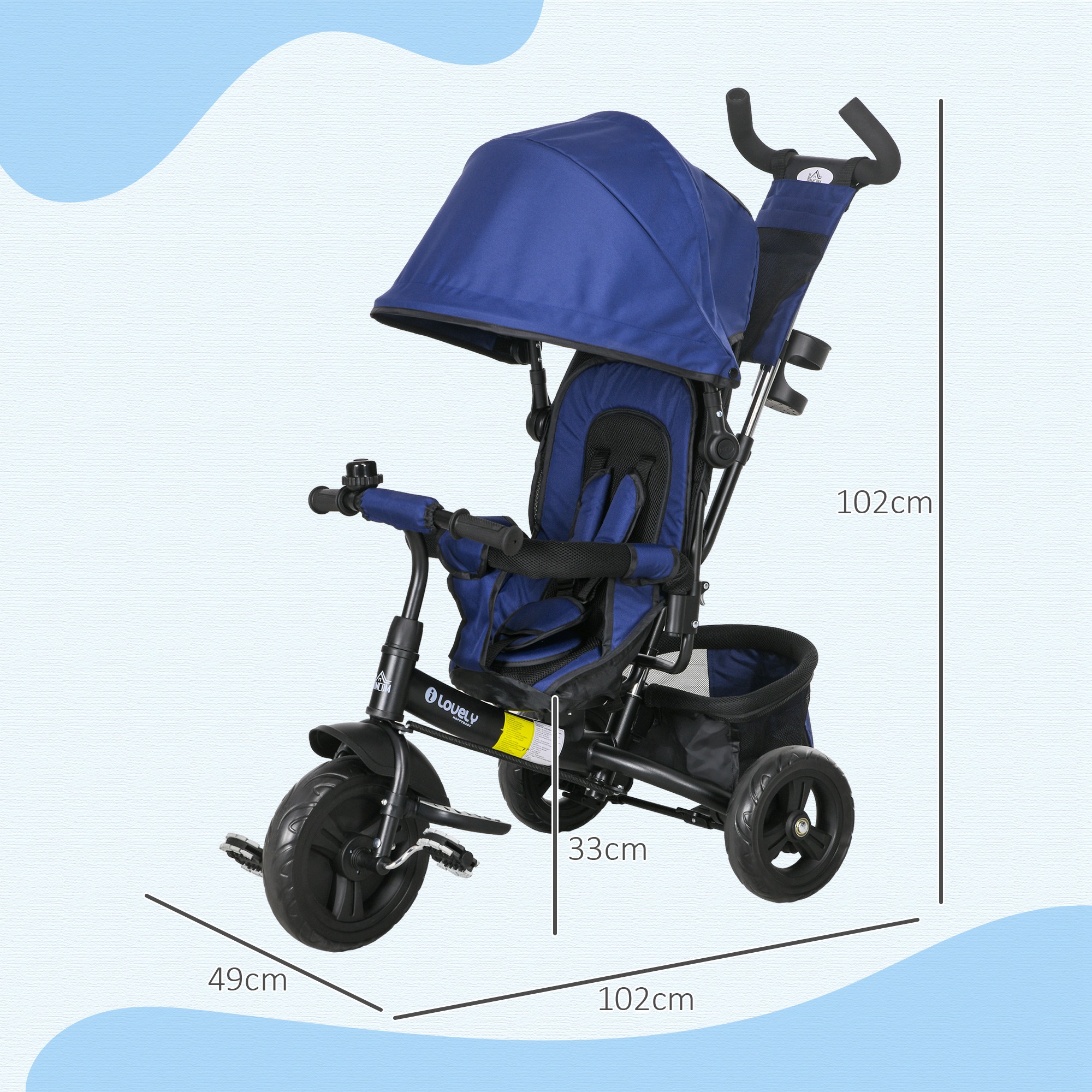 Kinder-Dreirad, Kinderfahrrad, Rückenkorb, Becherhalter, Sonnendach, Metall, Dunkelblau