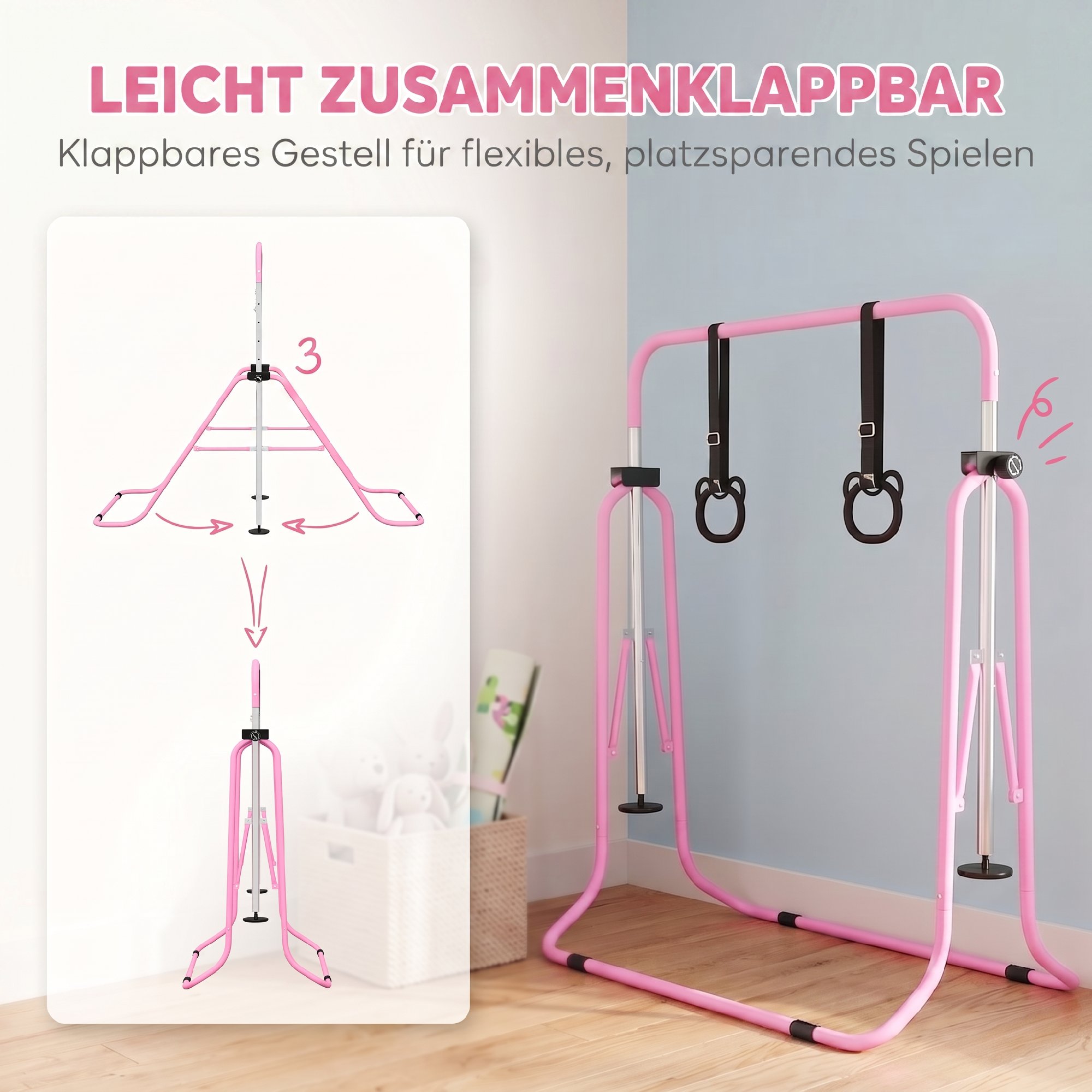 Kinder-Turnbarren mit Ringen, höhenverstellbar, klappbar, rutschfest, Stahlrahmen, 148x105x88-128 cm, Pink