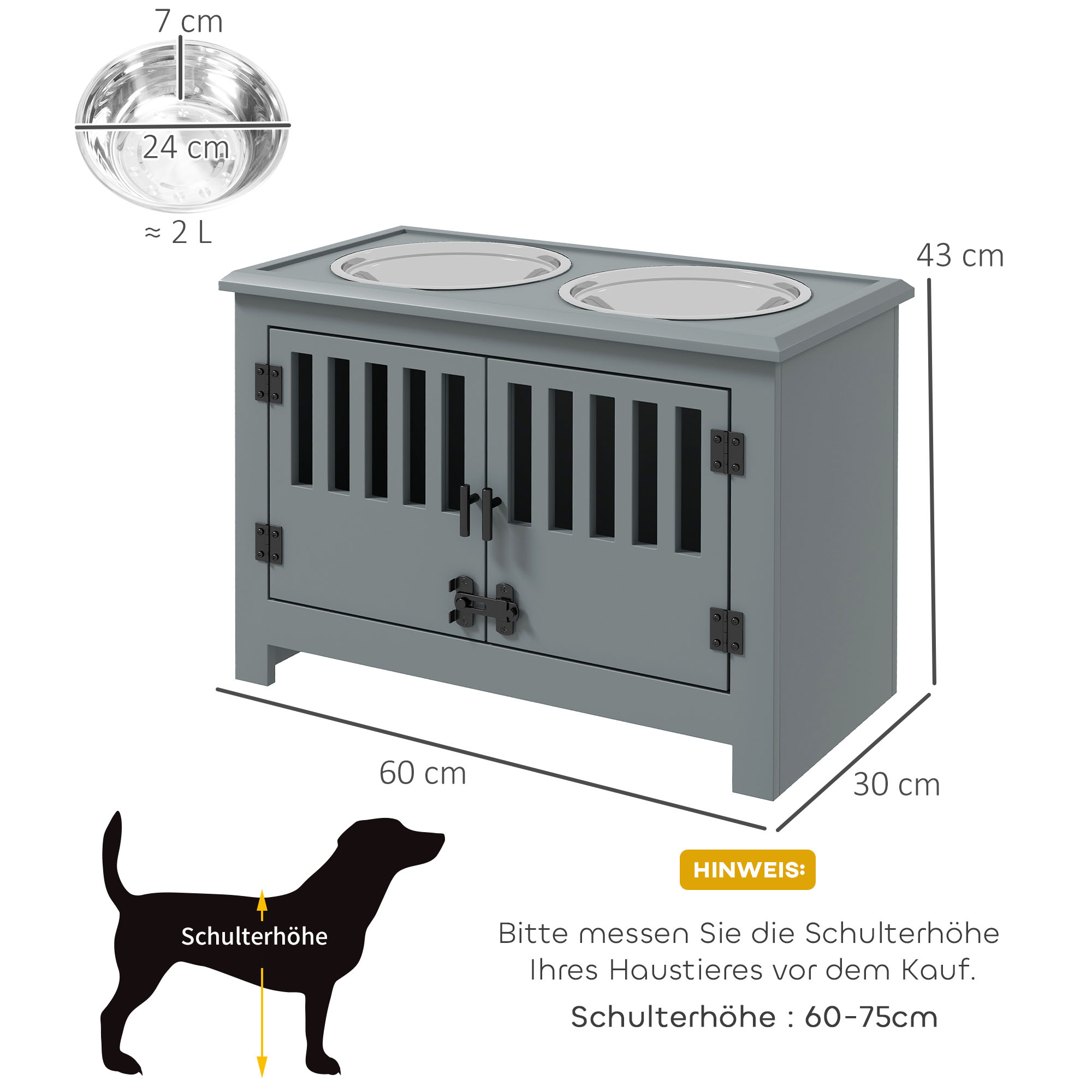 Erhöhte Futterstation für große Hunde, 2 Edelstahlnäpfe, Stauraum, 35,5x60x30 cm, Grau