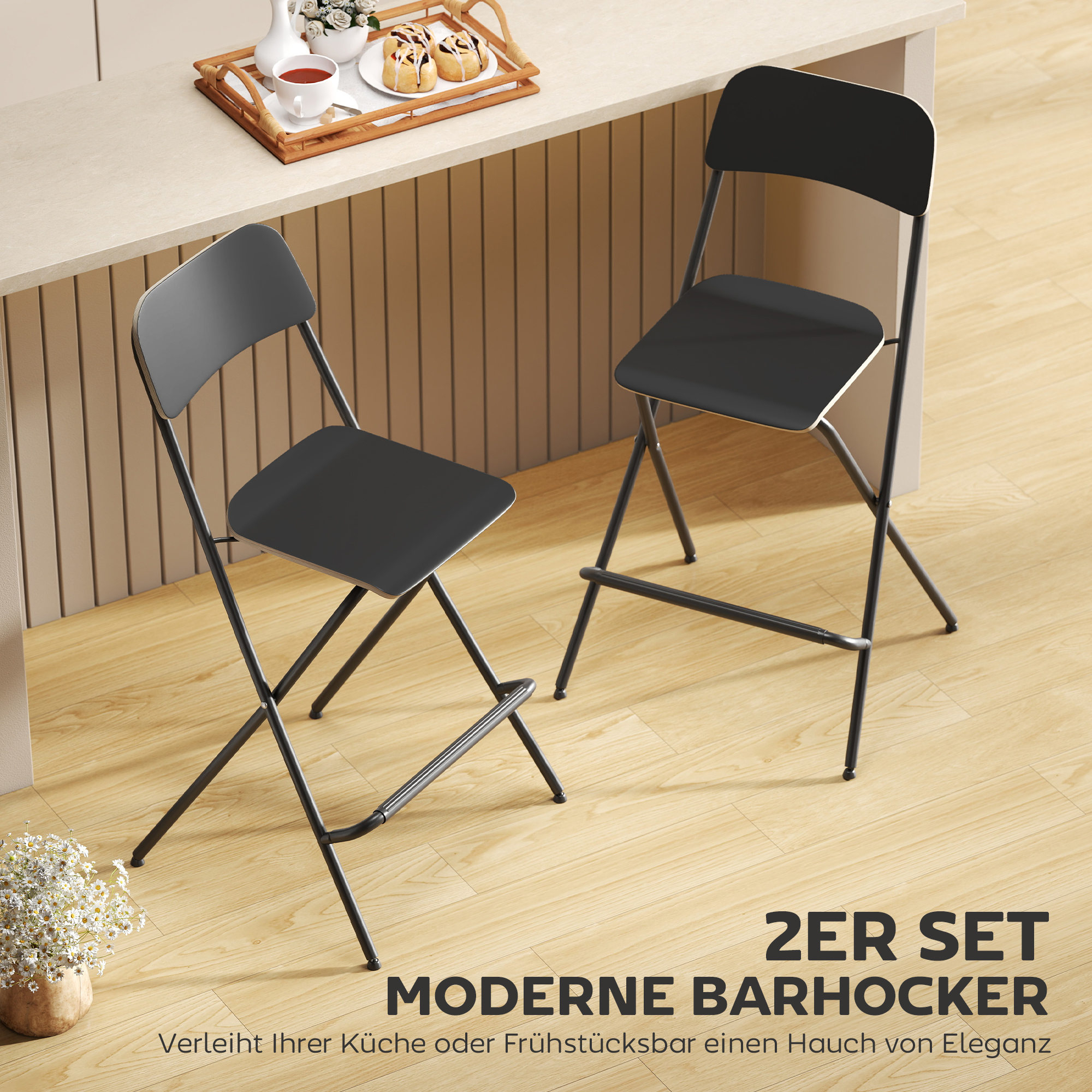 2er-Set Barhocker, klappbare Barstühle mit Stahlrahmen, für Küche, Esszimmer, Schwarz